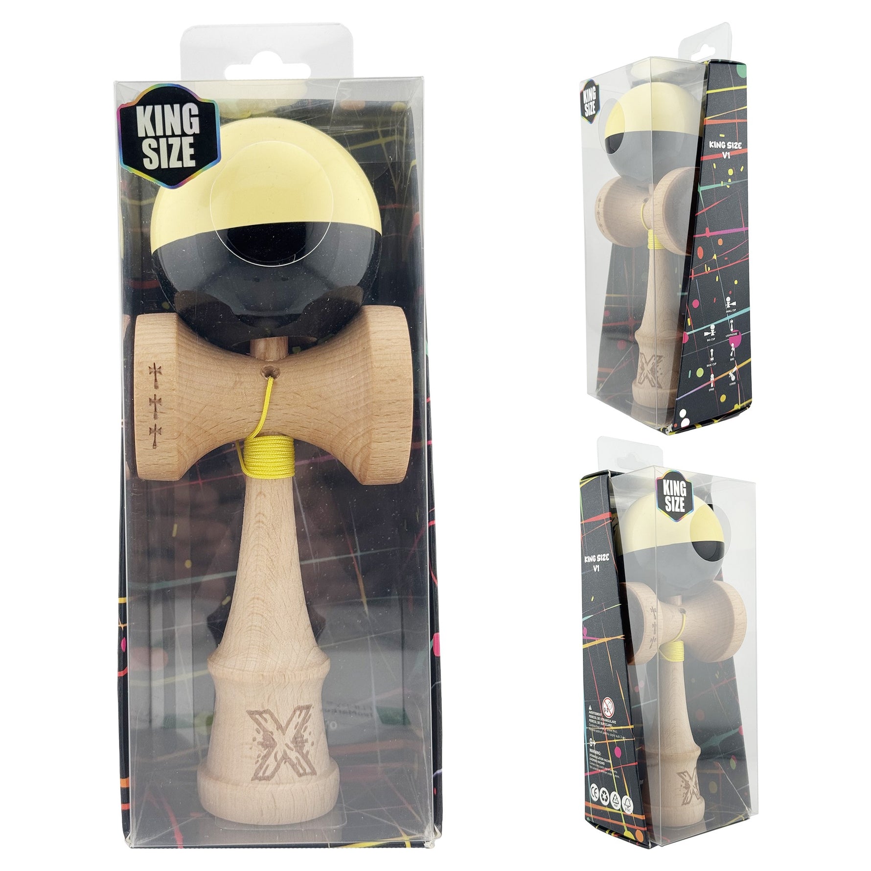 Kendama X Originala, Profesionala, Flippy, Big Cups V2, Super Sticky cu Cupe Mari, Rulment Metalic, din lemn 18 cm, Ata