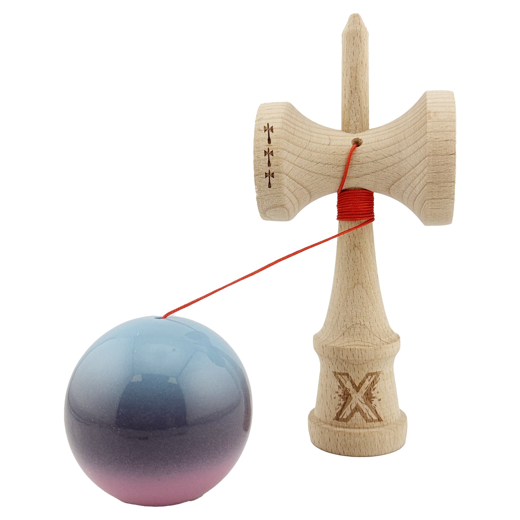 Kendama X Originala, Profesionala, Flippy, Big Cups V2, Super Sticky Cupe Mari, Rulment Metalic cu Ata 55 cm, Albastru
