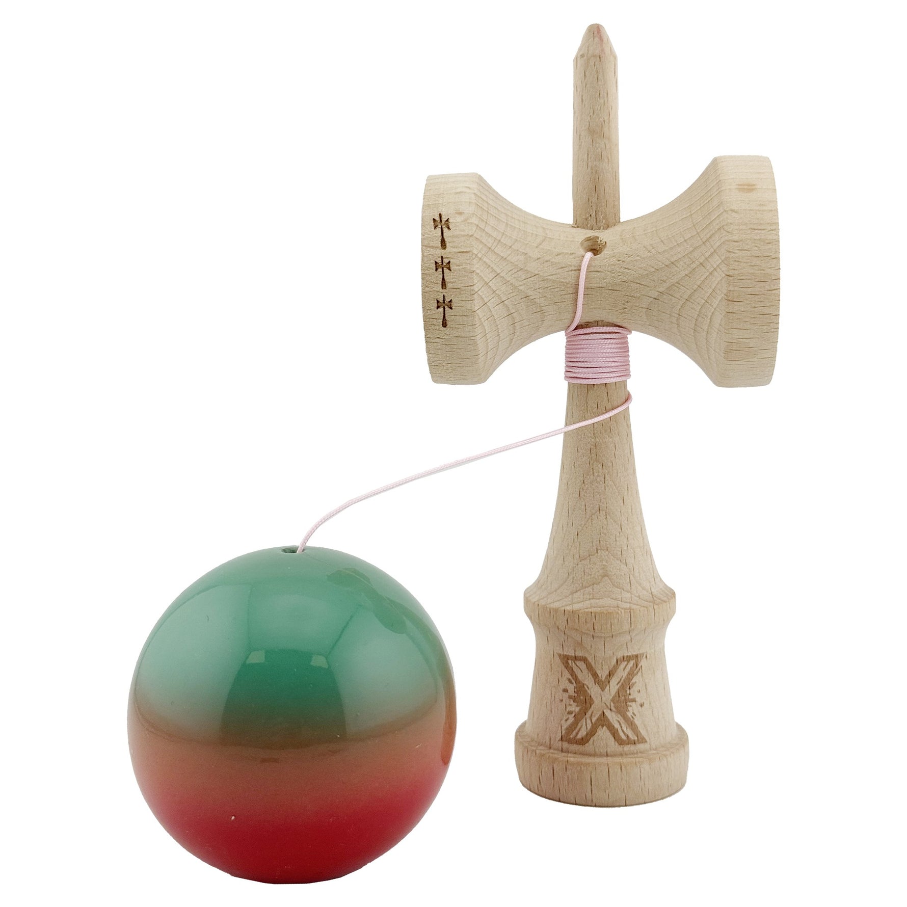 Kendama X Originala, Profesionala, Flippy, Big Cups V2, Super Sticky Cupe Mari, Rulment Metalic cu Ata 55 cm, Rosu/Verde