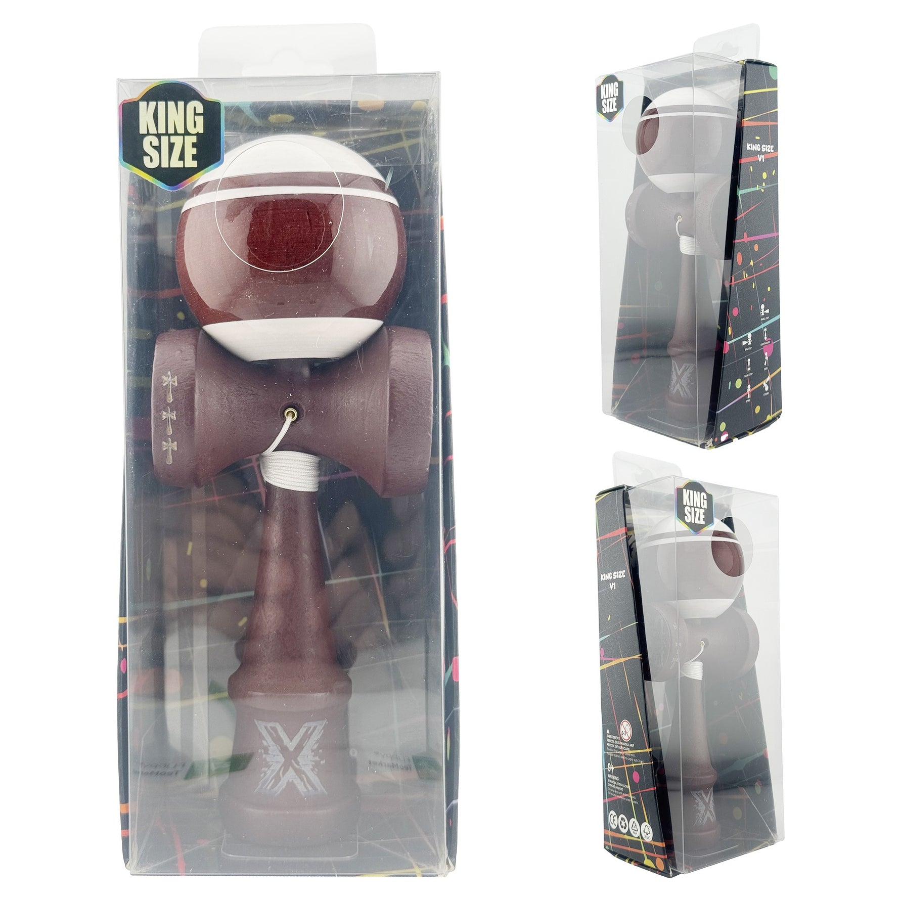Kendama X Originala, Profesionala, Flippy, Super Sticky Legendary, Rulment Metalic cu Ata 55 cm, Alb/Maro