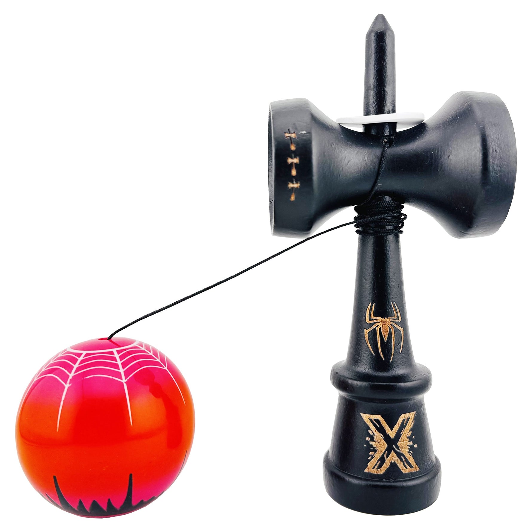 Kendama X Originala, Profesionala, Flippy, BLACK Spider King, Super Sticky cu Cupe Mari KING SIZE V3, Gaura in Baza,