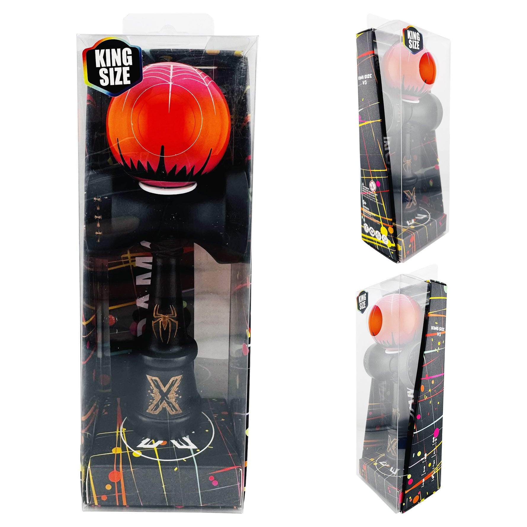 Kendama X Originala, Profesionala, Flippy, BLACK Spider King, Super Sticky cu Cupe Mari KING SIZE V3, Gaura in Baza,