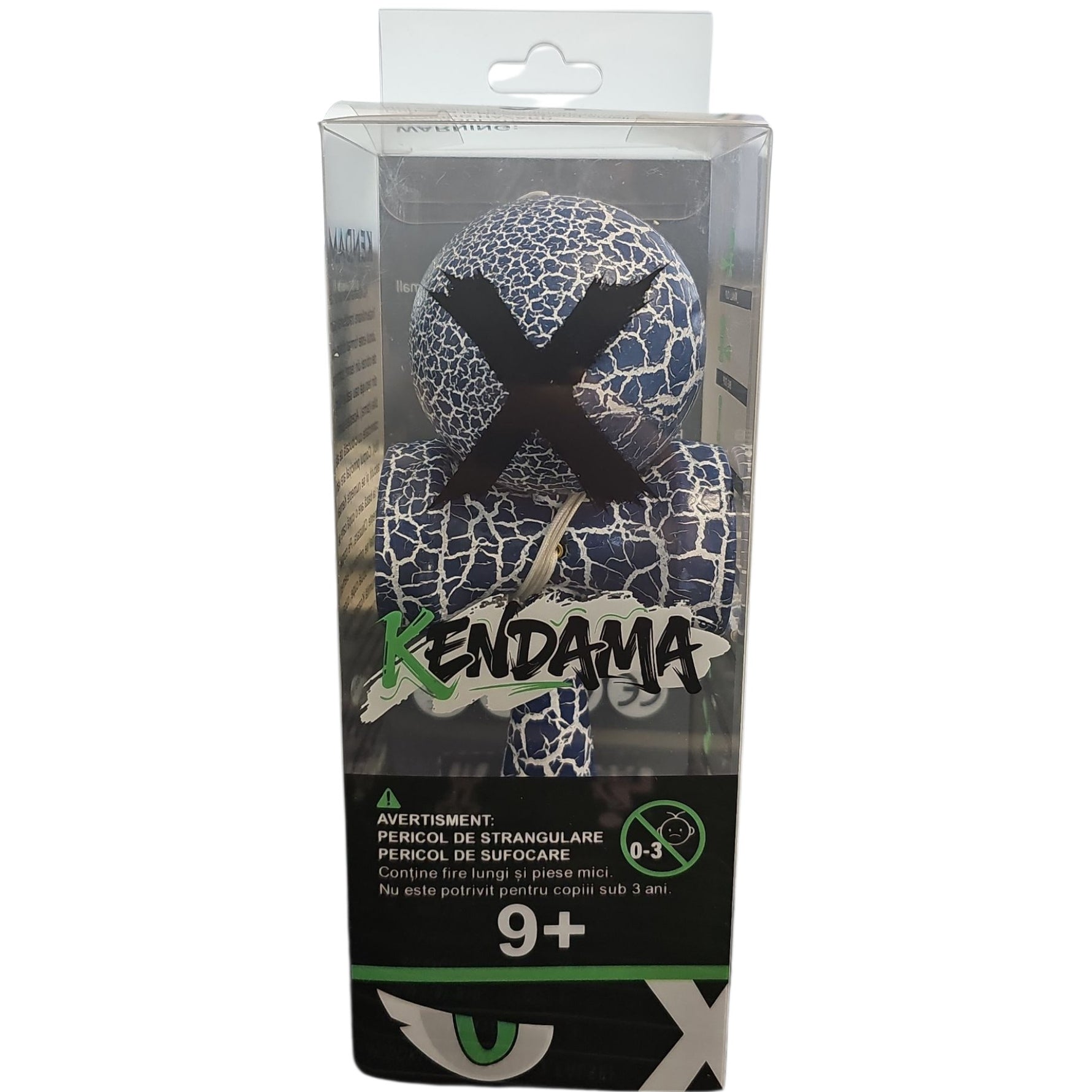 Kendama X Originala, Profesionala, Flippy, Cracked, din Lemn, 18 cm, Albastru/Alb