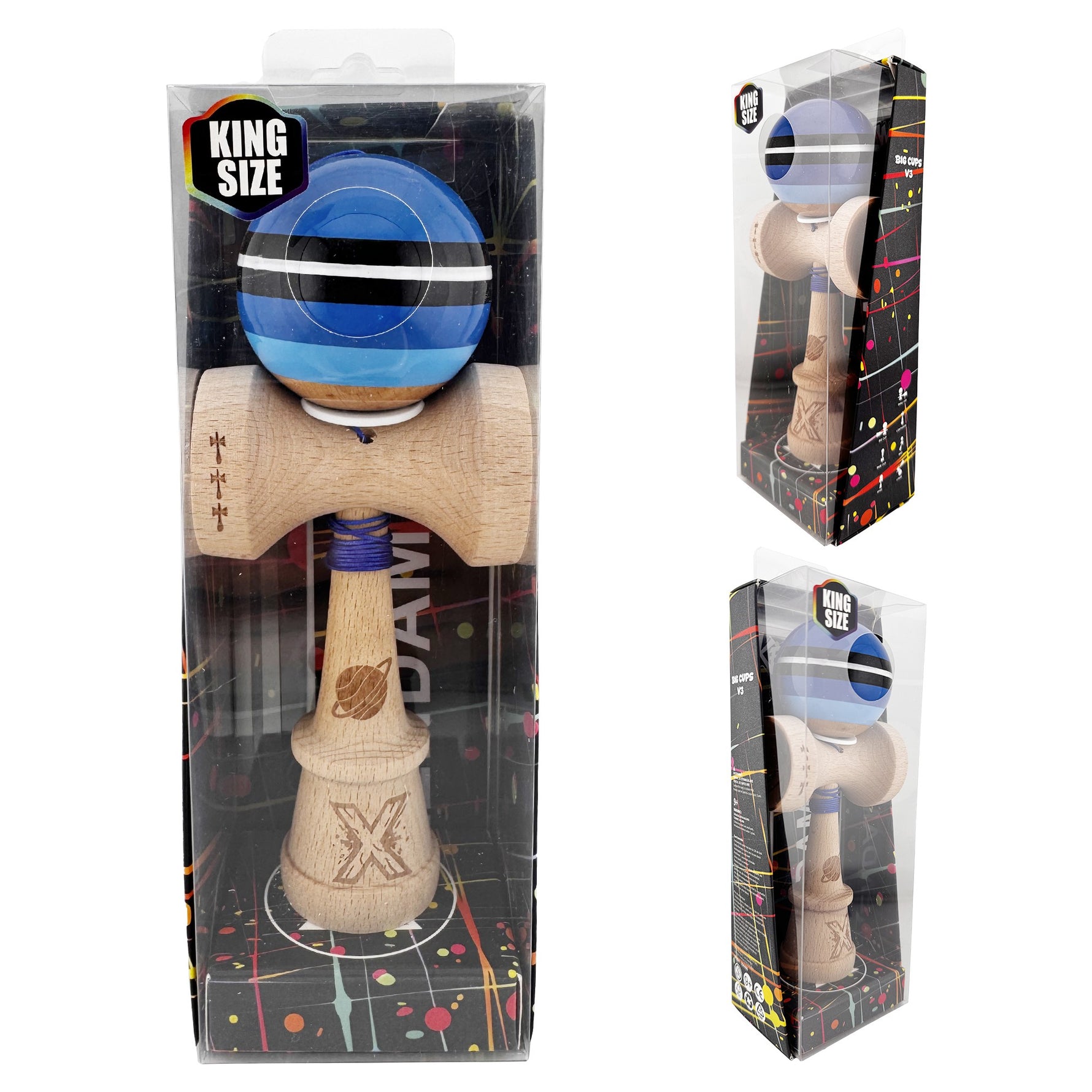 Kendama X Originala, Profesionala, Flippy, SATURN Blue Planet, Super Sticky cu Cupe Mari KING SIZE V3, Gaura in Baza,