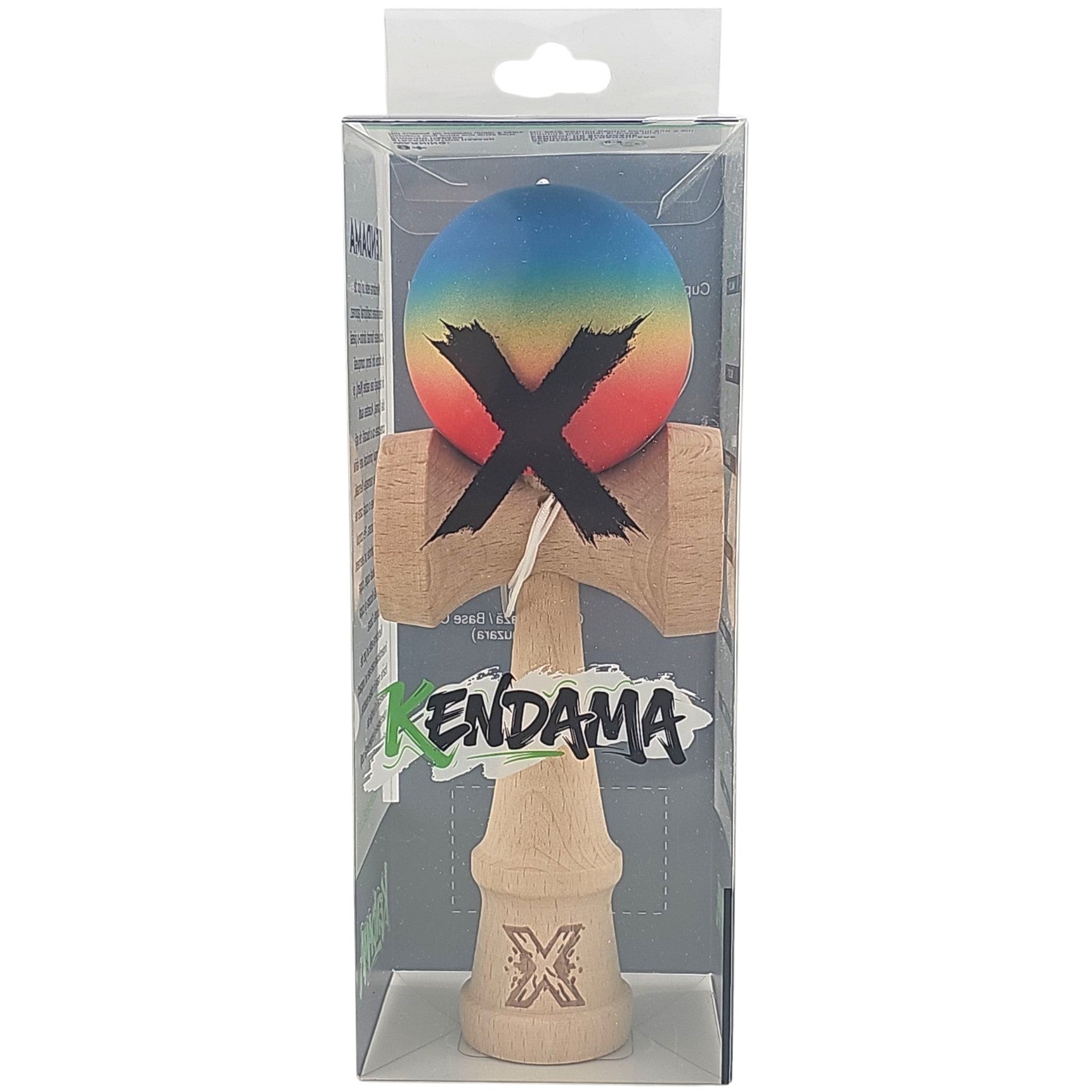 Kendama X Originala, Profesionala, Flippy, din Lemn, Rubber Grip, 18 cm, Gradient Albastru/Galben/Rosu