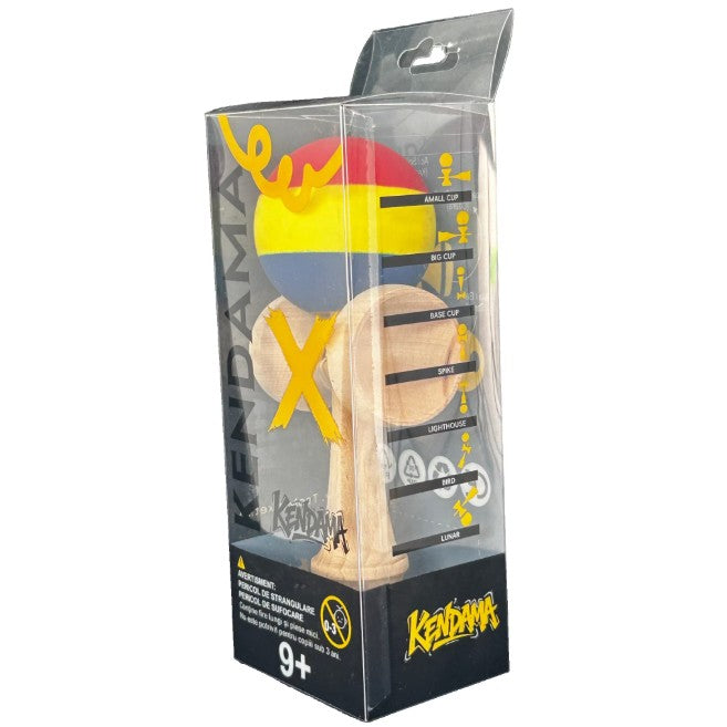 Kendama X Originala, Profesionala, Flippy, din Lemn, Rubber Grip, 18 cm, Rosu/Galben/Albastru