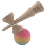 Kendama X Originala, Profesionala, Flippy, din Lemn, Rubber Grip, 18 cm, Roz/Galben/Albastru