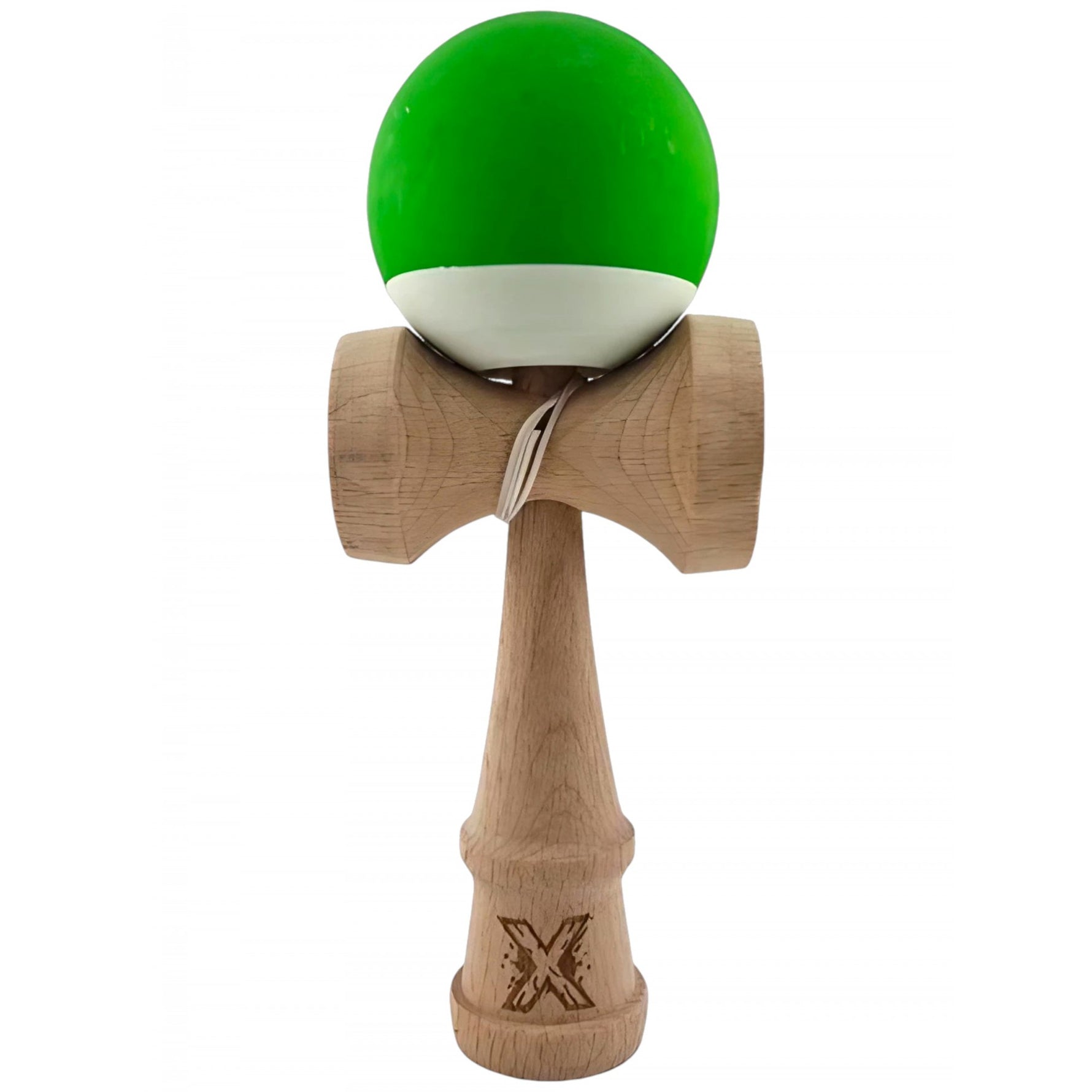 Kendama X Originala, Profesionala, Flippy, din Lemn, Rubber Grip, 18 cm, Verde/Alb
