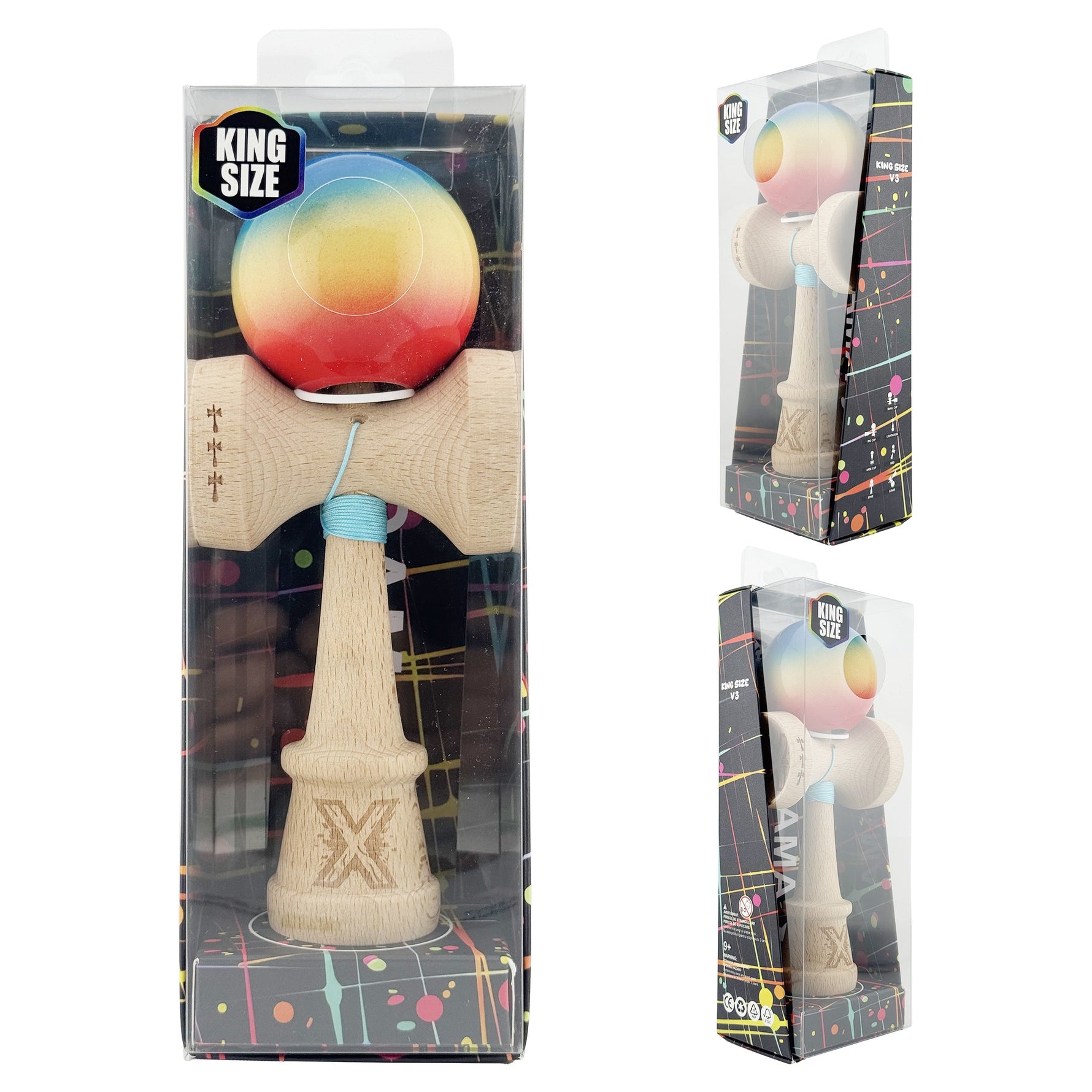 Kendama X Originala, Profesionala, Flippy, Super Sticky cu Cupe Mari KING SIZE V3, Gaura in Baza, Rulment Metalic, din