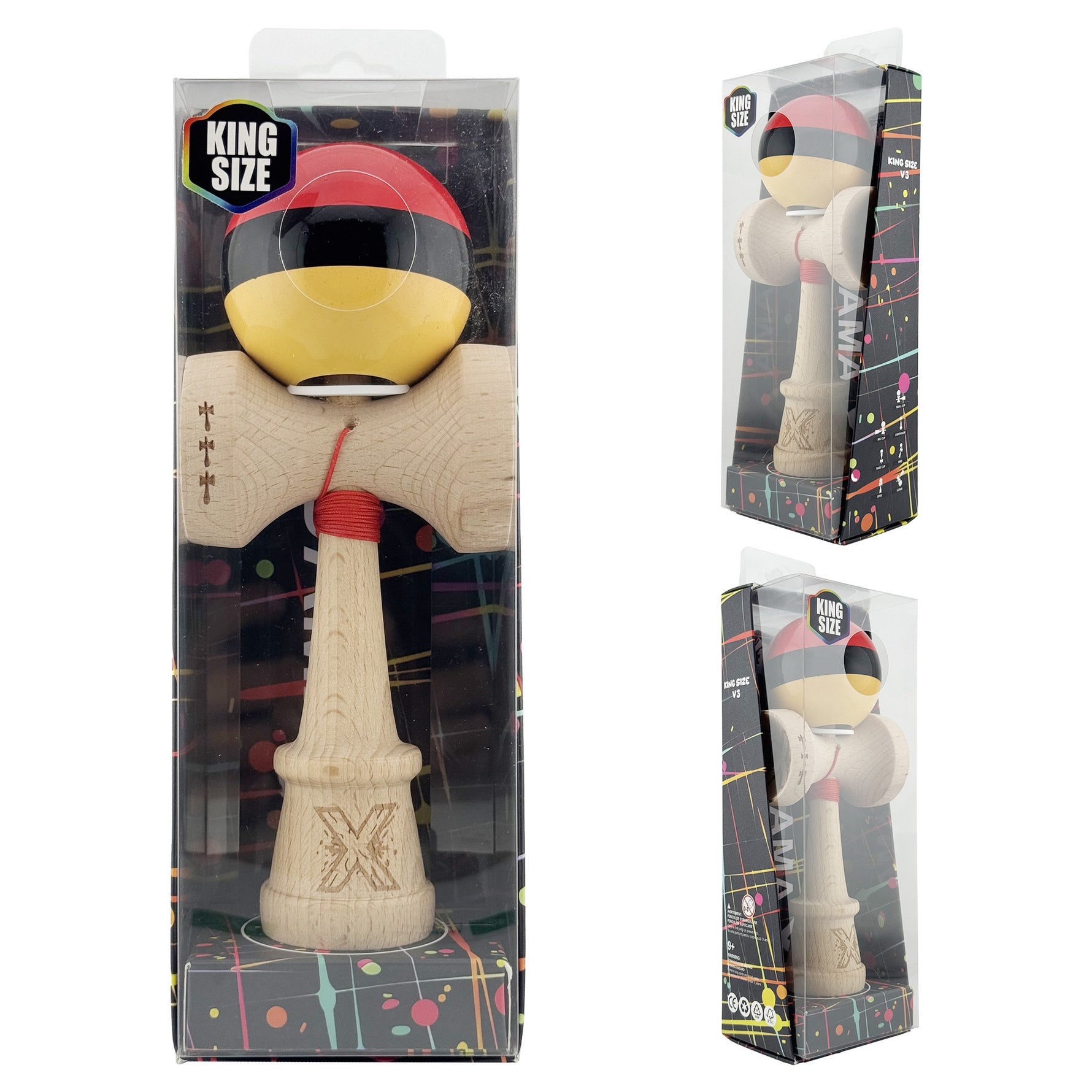 Kendama X Originala, Profesionala, Flippy, Super Sticky cu Cupe Mari KING SIZE V3, Gaura in Baza, Rulment Metalic, din