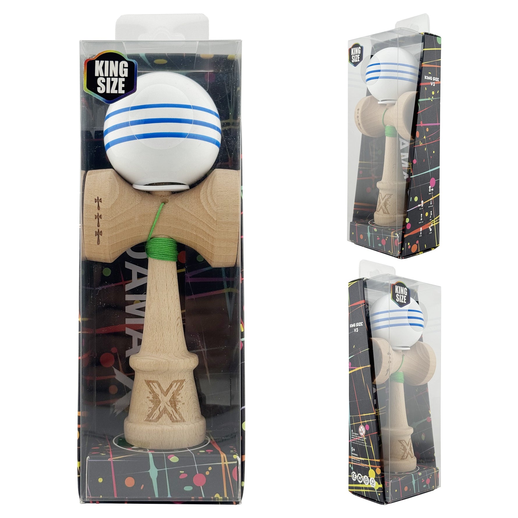 Kendama X Originala, Profesionala, Flippy, Super Sticky cu Cupe Mari KING SIZE V3, Gaura in Baza, Rulment Metalic, din