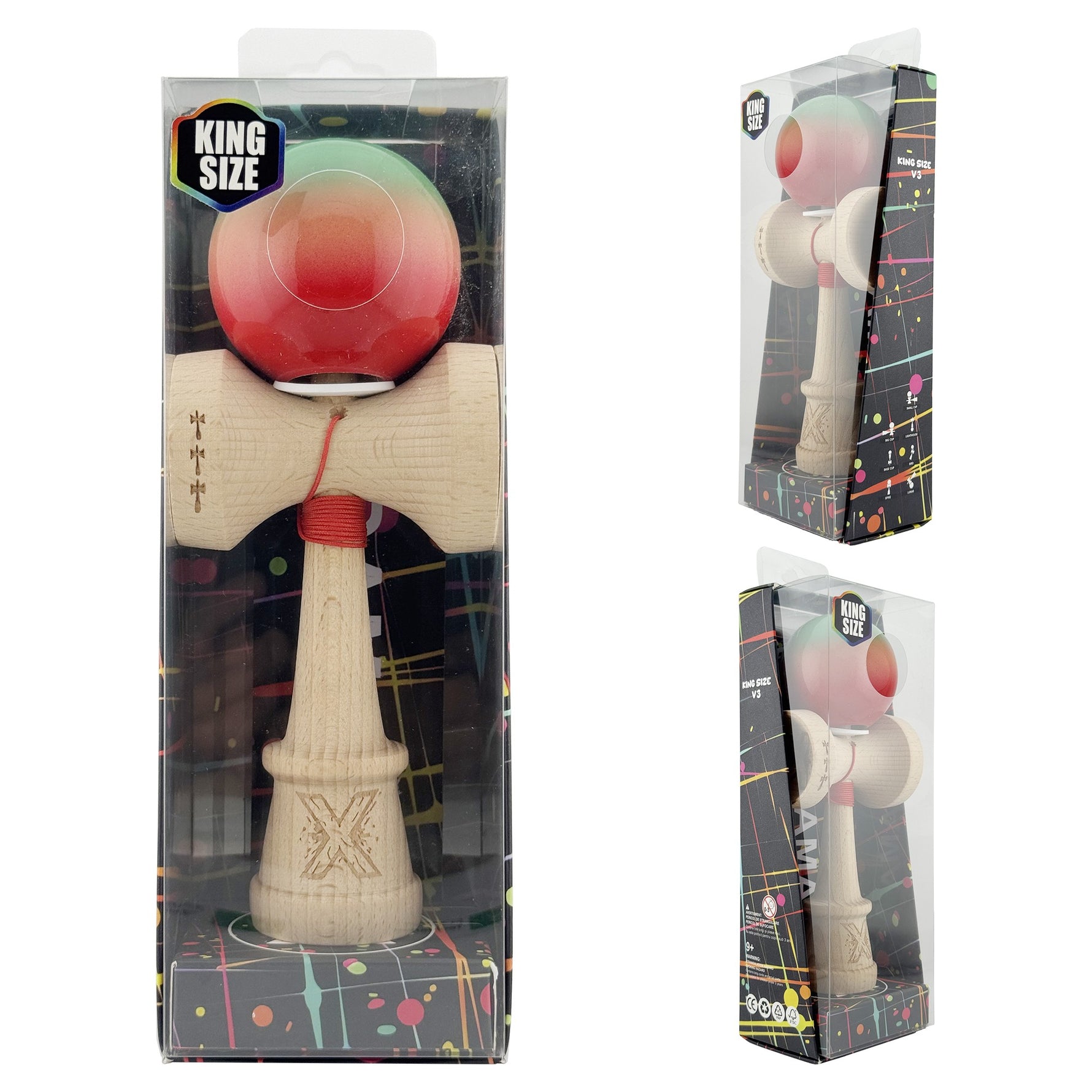 Kendama X Originala, Profesionala, Flippy, Super Sticky cu Cupe Mari KING SIZE V3, Gaura in Baza, Rulment Metalic, din