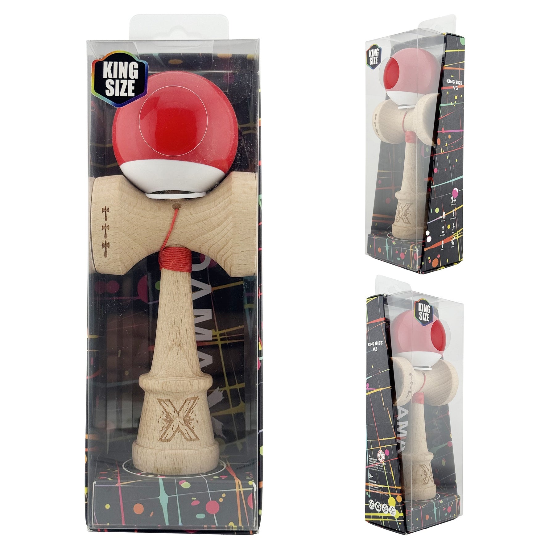 Kendama X Originala, Profesionala, Flippy, Super Sticky cu Cupe Mari KING SIZE V3, Gaura in Baza, Rulment Metalic, din