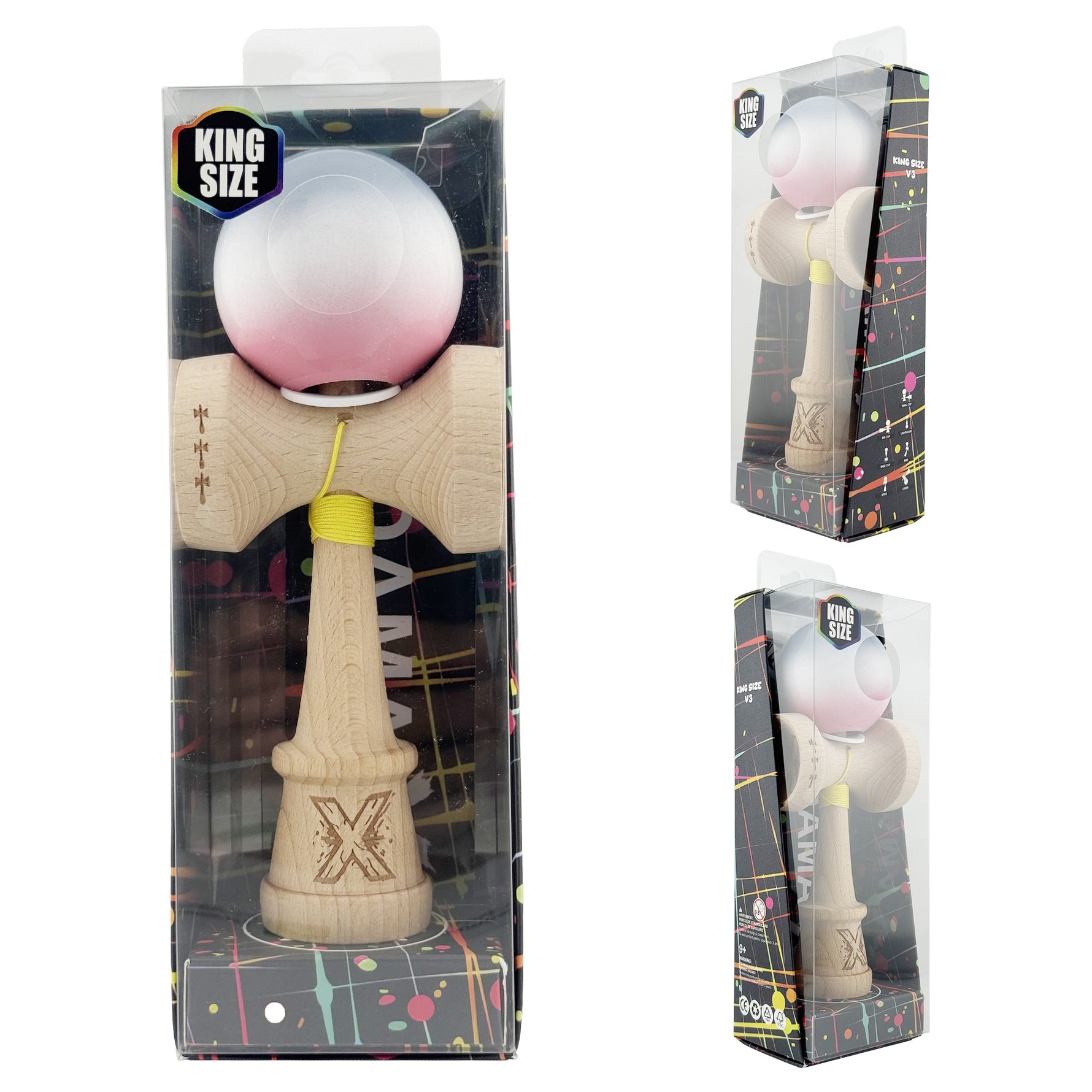 Kendama X Originala, Profesionala, Flippy, Super Sticky cu Cupe Mari KING SIZE V3, Gaura in Baza, Rulment Metalic, din