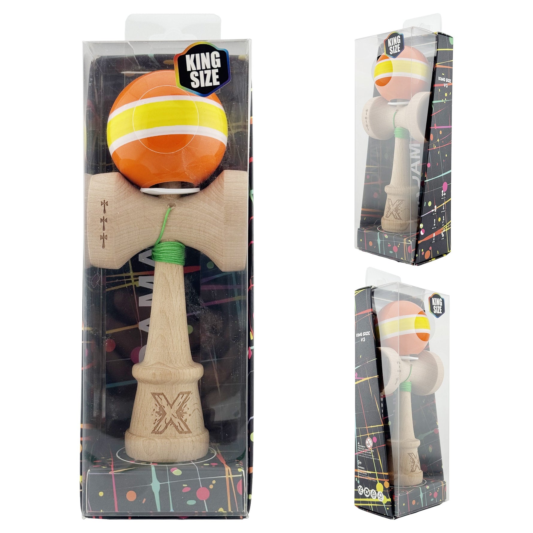 Kendama X Originala, Profesionala, Flippy, Super Sticky cu Cupe Mari KING SIZE V3, Gaura in Baza, Rulment Metalic, din