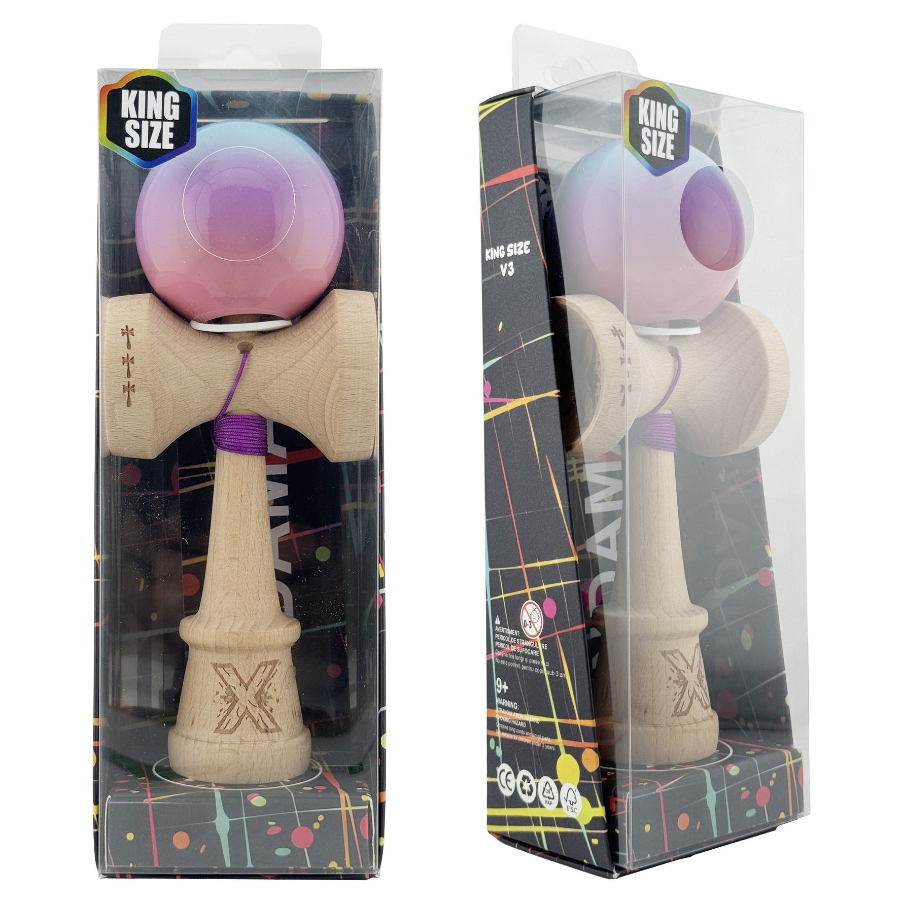 Kendama X Originala, Profesionala, Flippy, Super Sticky cu Cupe Mari KING SIZE V3, Gaura in Baza, Rulment Metalic, din