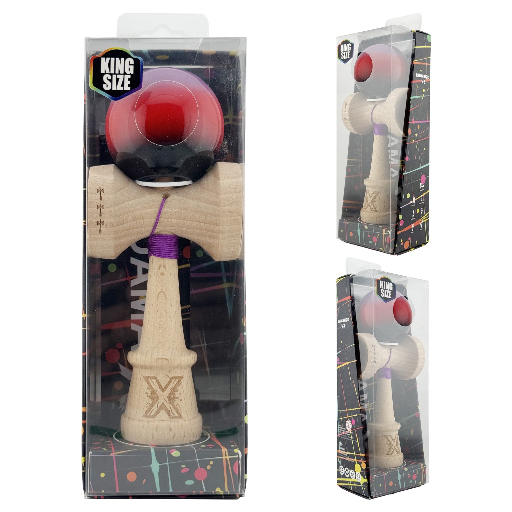 Kendama X Originala, Profesionala, Flippy, Super Sticky cu Cupe Mari KING SIZE V3, Gaura in Baza, Rulment Metalic, din