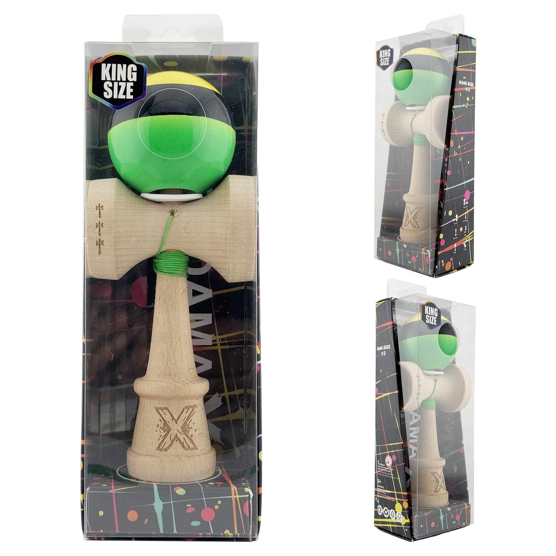 Kendama X Originala, Profesionala, Flippy, Super Sticky cu Cupe Mari KING SIZE V3, Gaura in Baza, Rulment Metalic, din