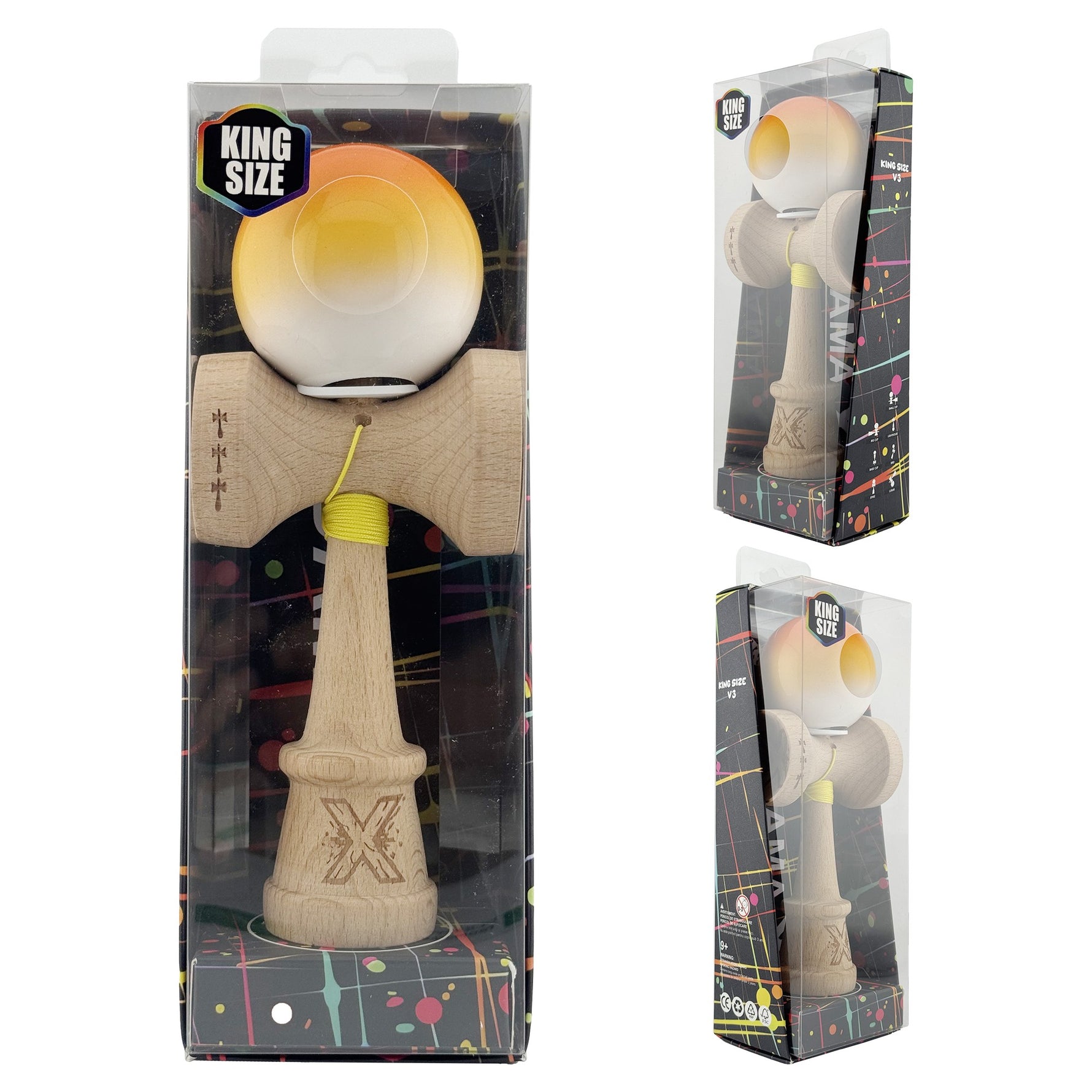 Kendama X Originala, Profesionala, Flippy, Super Sticky cu Cupe Mari KING SIZE V3, Gaura in Baza, Rulment Metalic, din