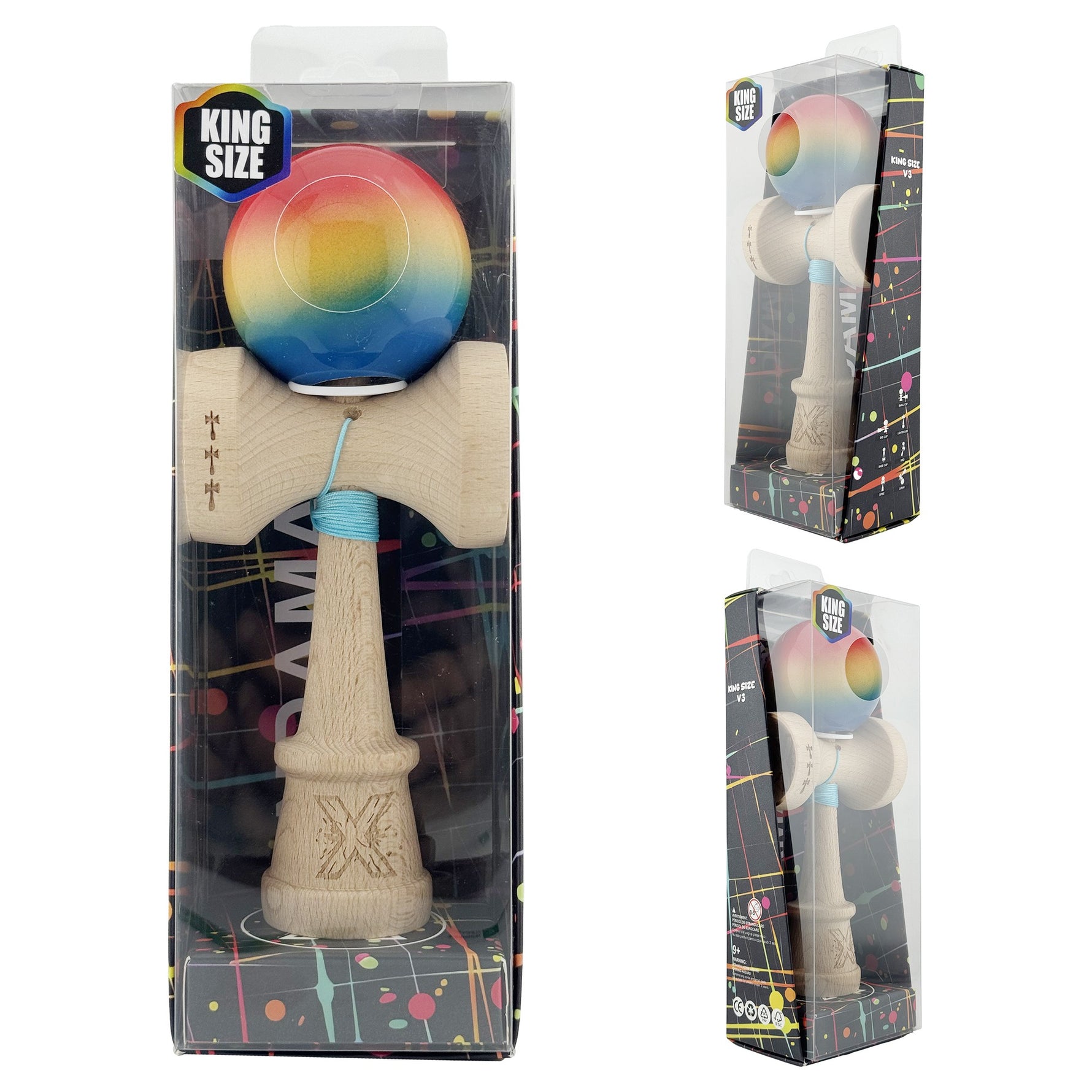 Kendama X Originala, Profesionala, Flippy, Super Sticky cu Cupe Mari KING SIZE V3, Gaura in Baza, Rulment Metalic, din