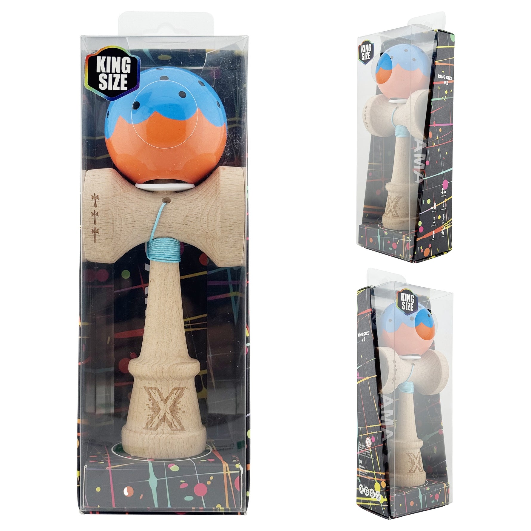 Kendama X Originala, Profesionala, Flippy, Super Sticky cu Cupe Mari KING SIZE V3, Gaura in Baza, Rulment Metalic, din
