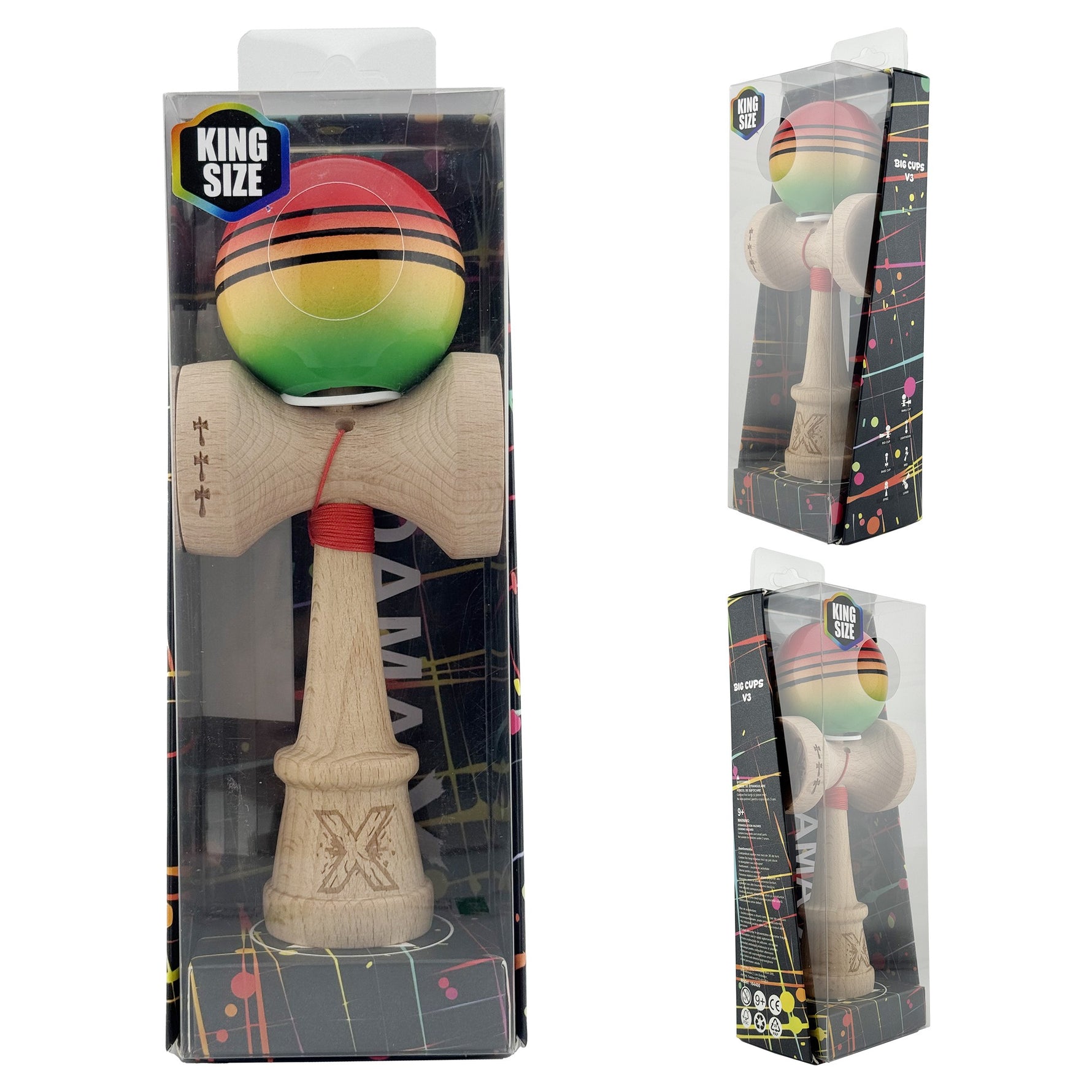 Kendama X Originala, Profesionala, Flippy, Super Sticky cu Cupe Mari KING SIZE V3, Gaura in Baza, Rulment Metalic, din