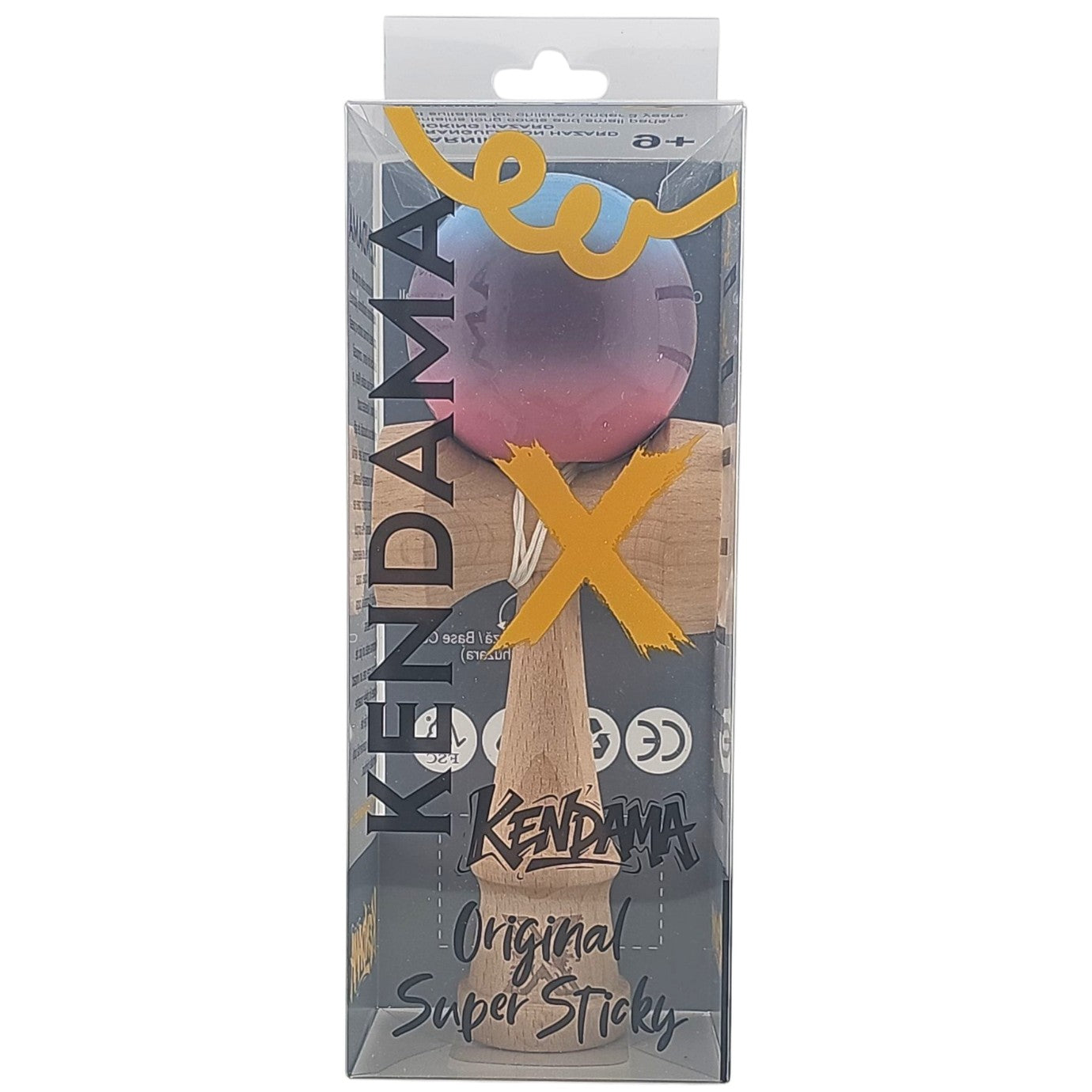 Kendama X Originala, Profesionala, Flippy, Super Sticky, din Lemn, 18 cm, Albastru Deschis/Mov/Roz