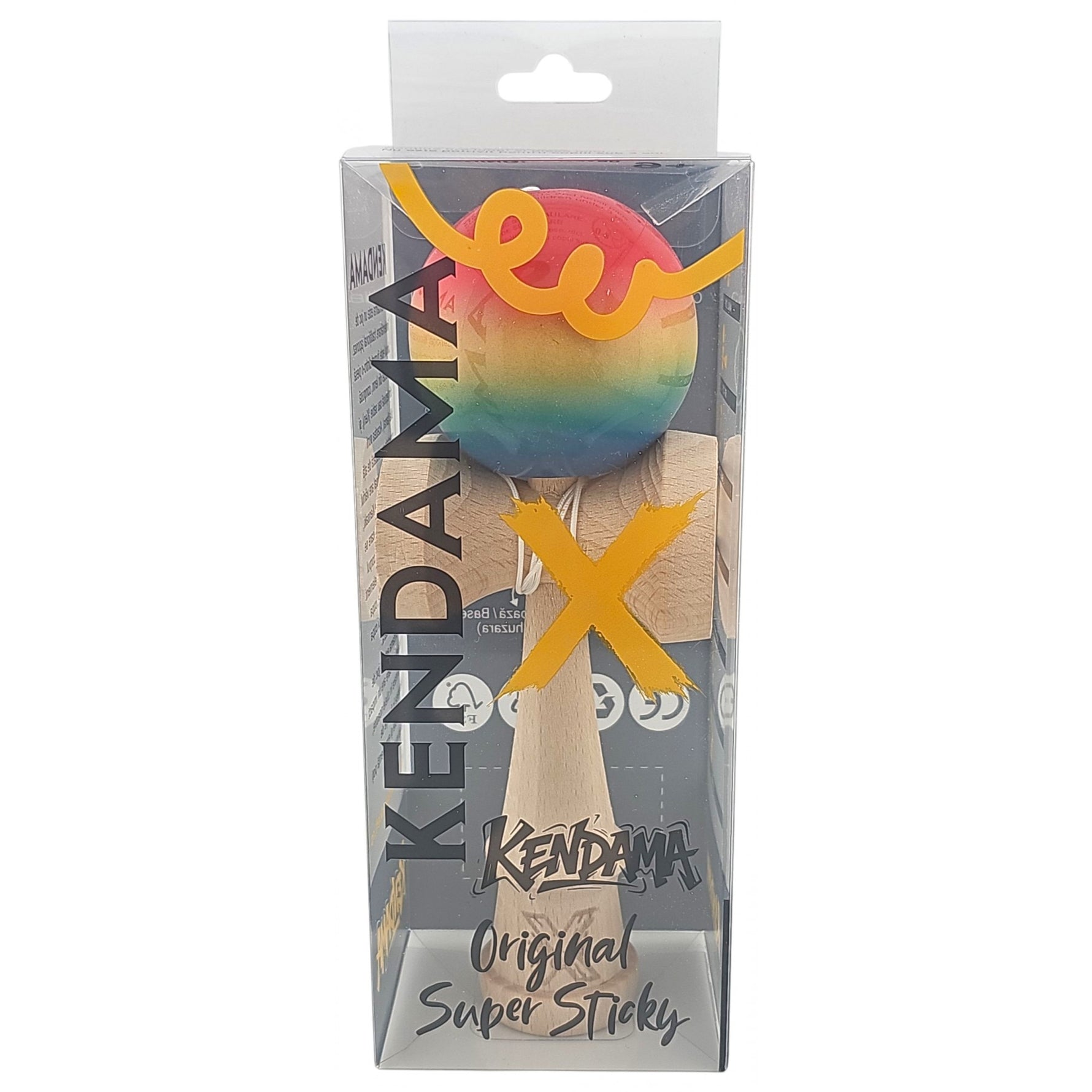 Kendama X Originala, Profesionala, Flippy, Super Sticky din Lemn, 18 cm, Gradient Roz/Galben/Albastru