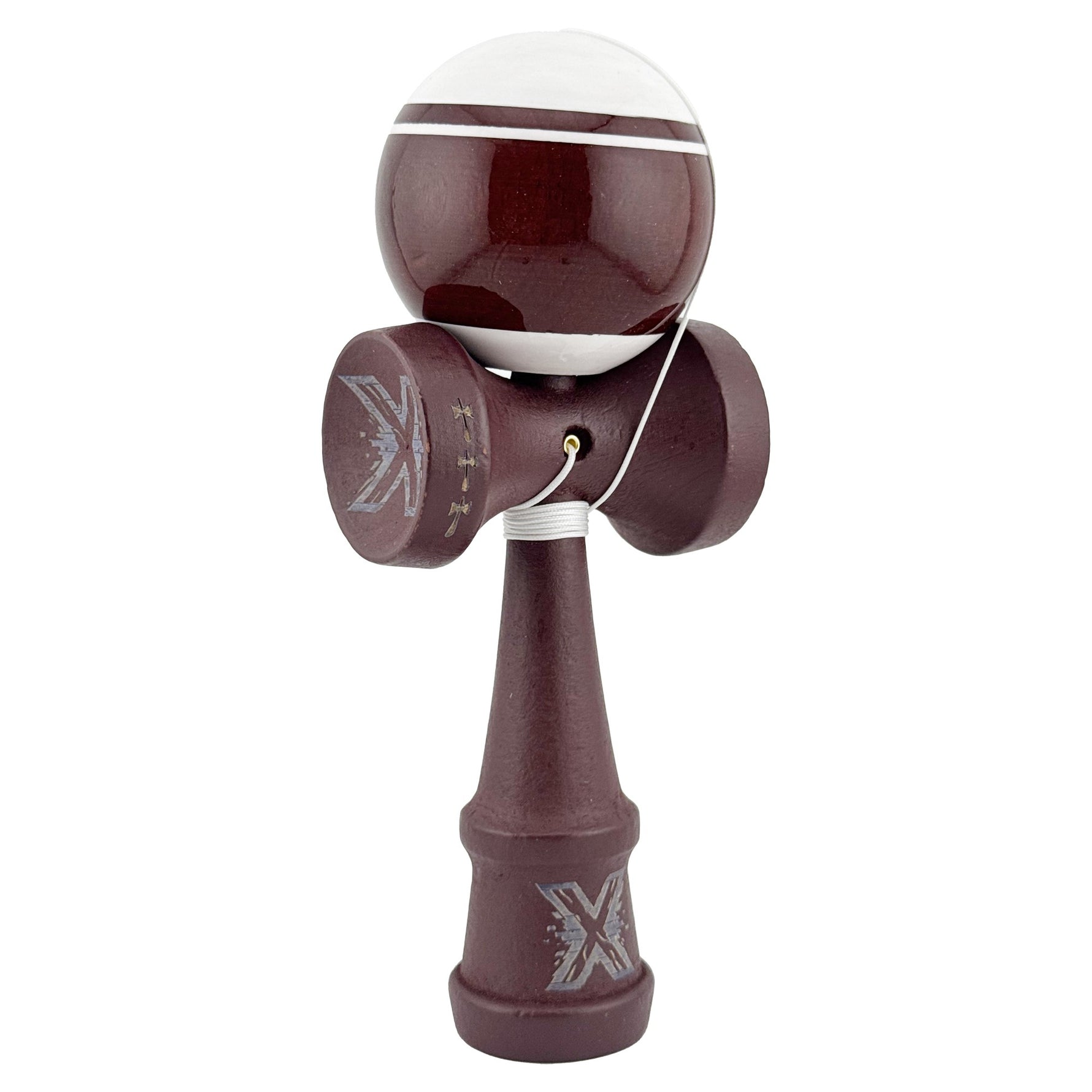 Kendama X Originala, Profesionala, Flippy, Super Sticky Legendary, Rulment Metalic cu Ata 55 cm, Alb/Maro