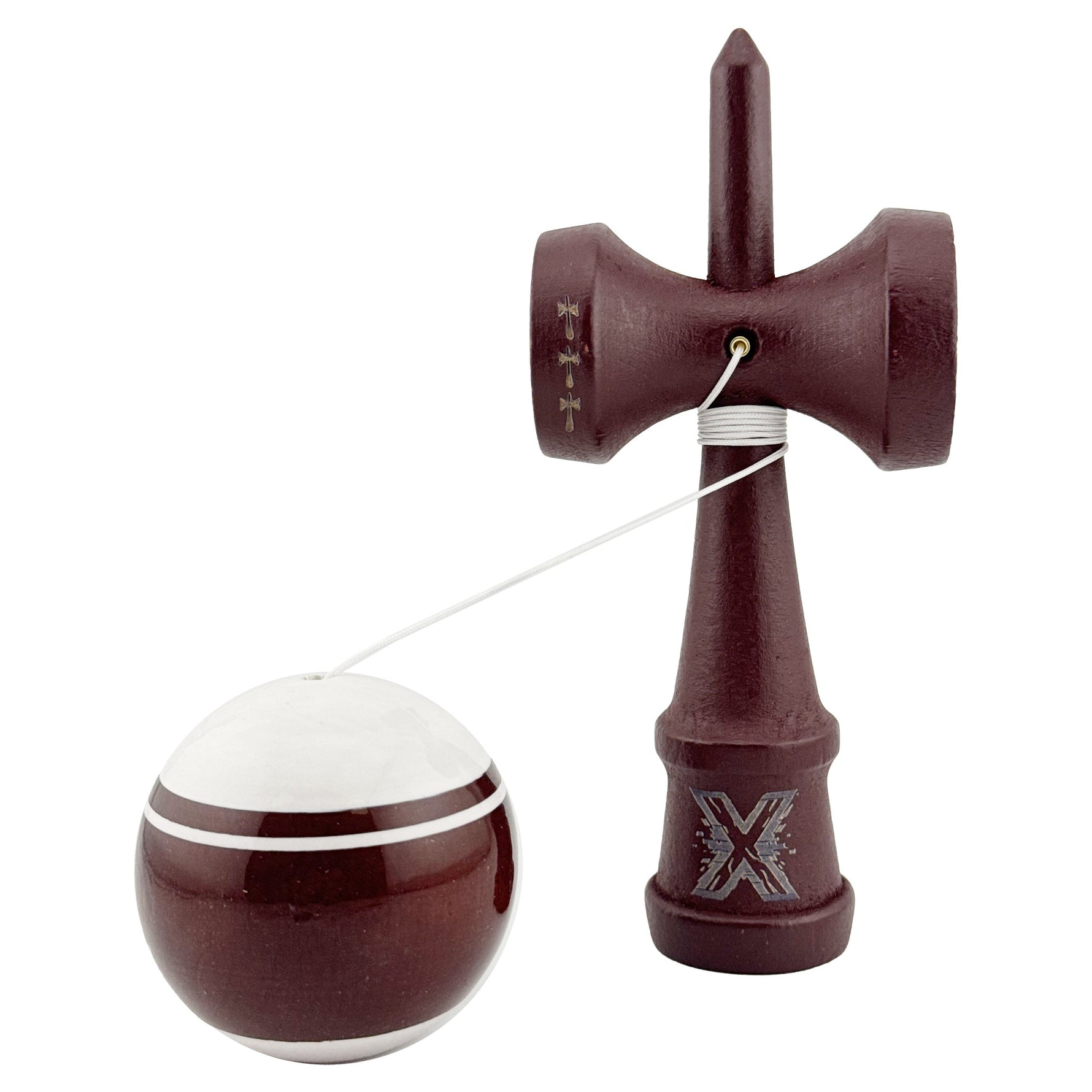 Kendama X Originala, Profesionala, Flippy, Super Sticky Legendary, Rulment Metalic cu Ata 55 cm, Alb/Maro