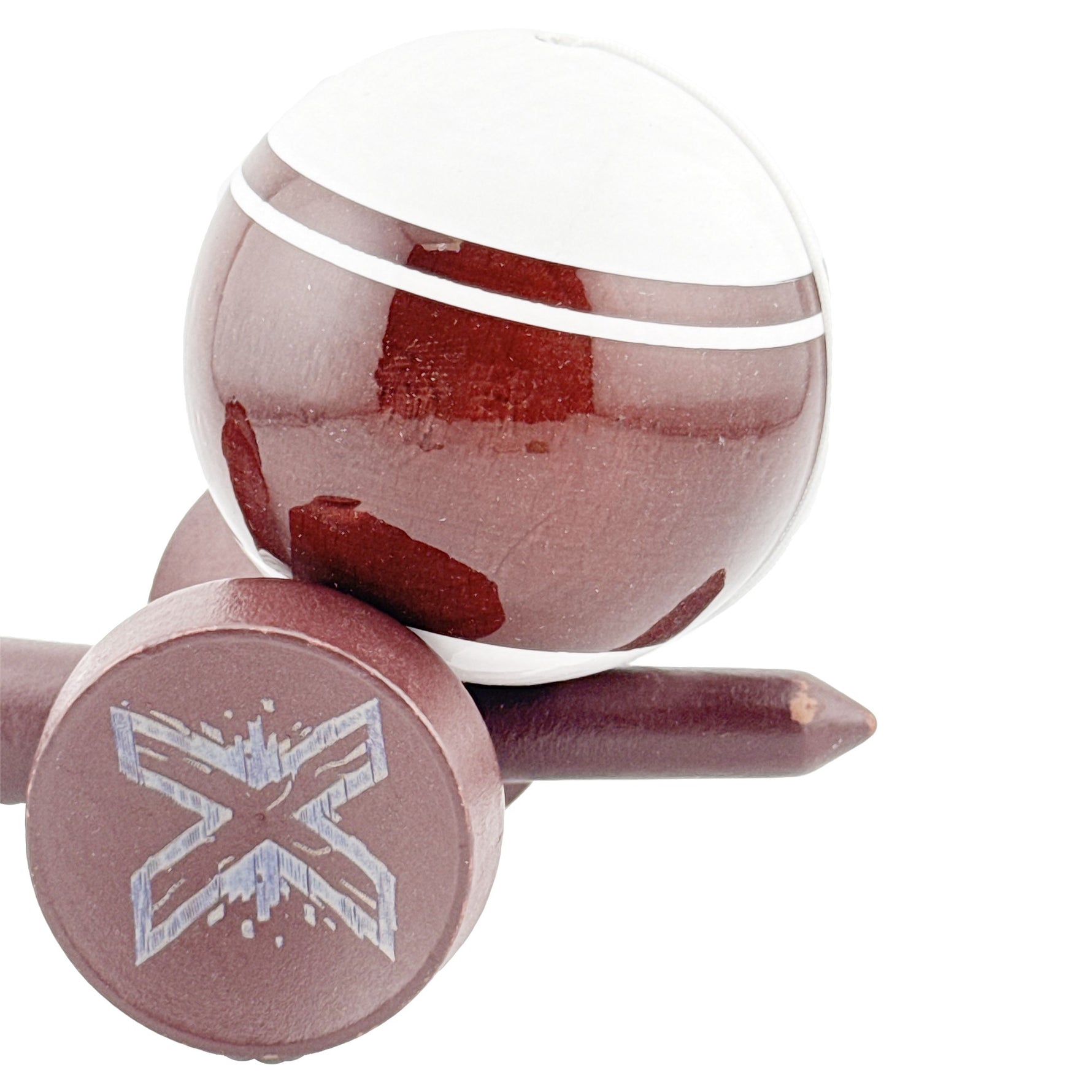 Kendama X Originala, Profesionala, Flippy, Super Sticky Legendary, Rulment Metalic cu Ata 55 cm, Alb/Maro