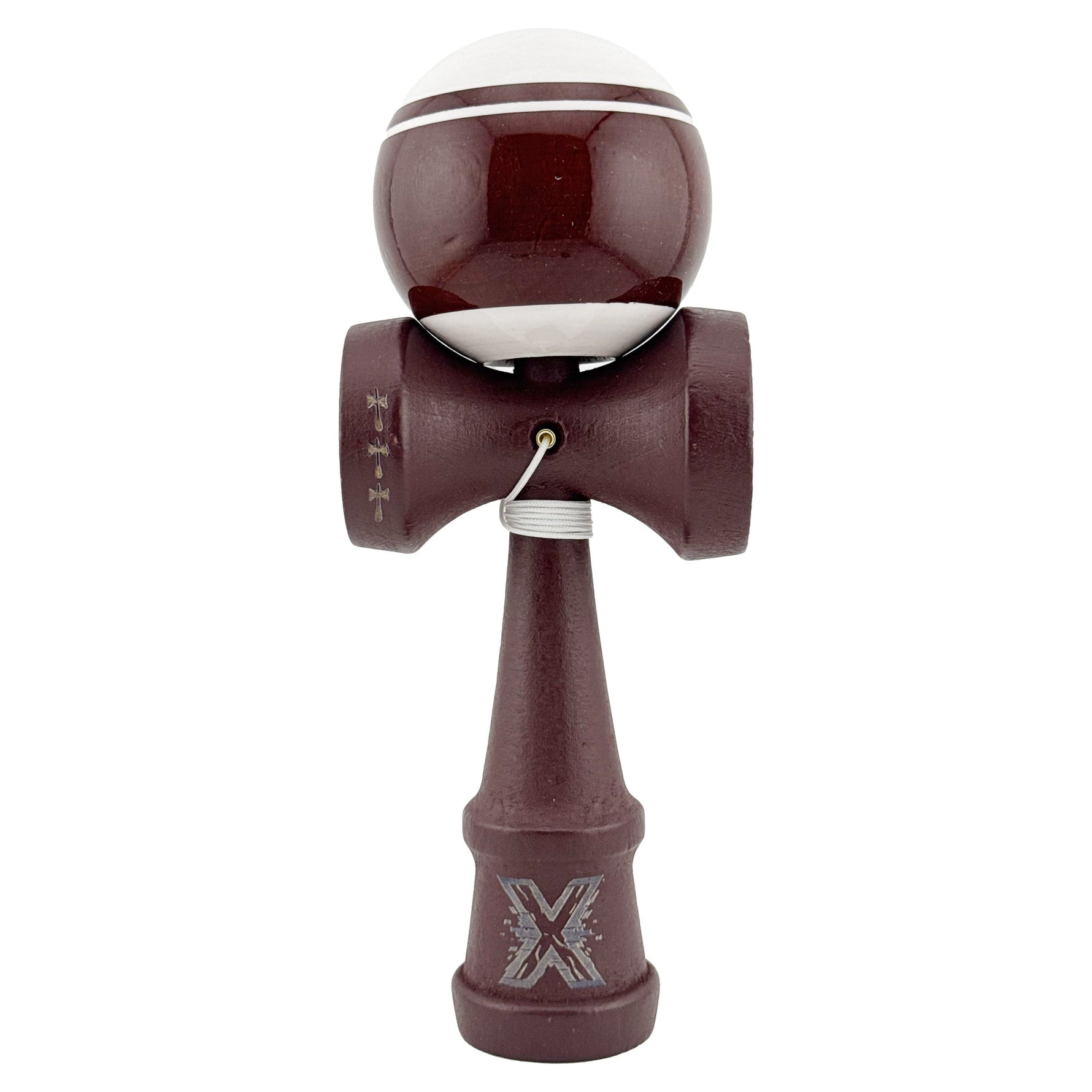 Kendama X Originala, Profesionala, Flippy, Super Sticky Legendary, Rulment Metalic cu Ata 55 cm, Alb/Maro