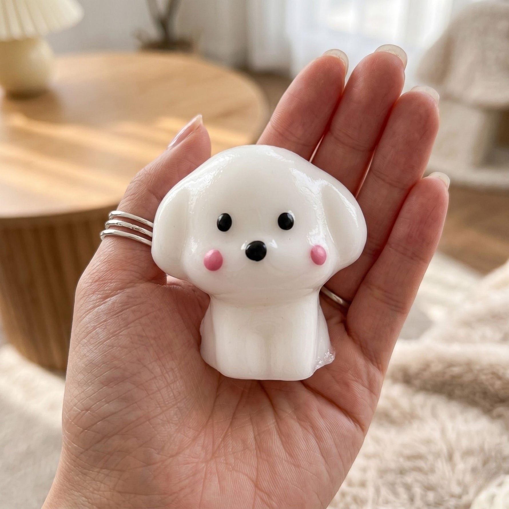 Jucarie Interactiva Antistres pentru Copii, Flippy, Squishy Catelus Kawaii, Silicon Moale, 4.5 x 4.5 cm, Alb/Roz