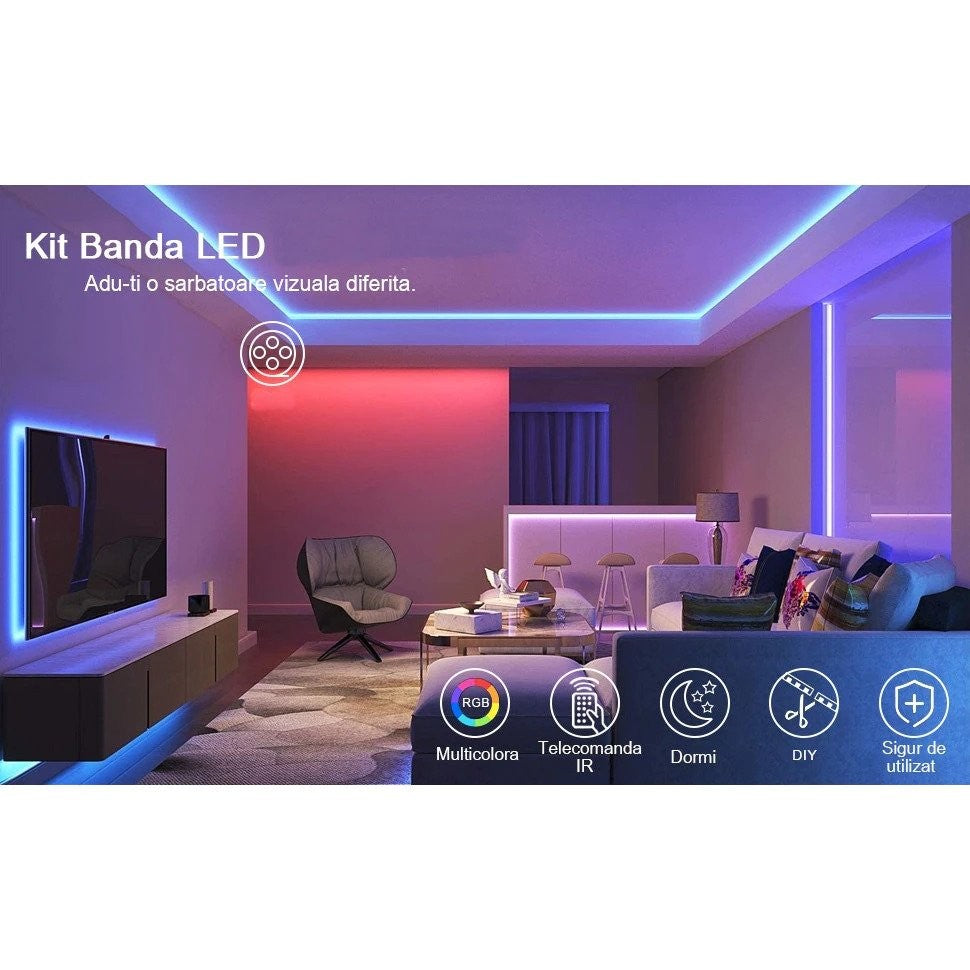 Kit Banda Led RGB SMD 5050 cu Transformator inclus Flippy - Lungime 5 M, 270 LED-uri, Telecomanda 44 taste, pentru TV,