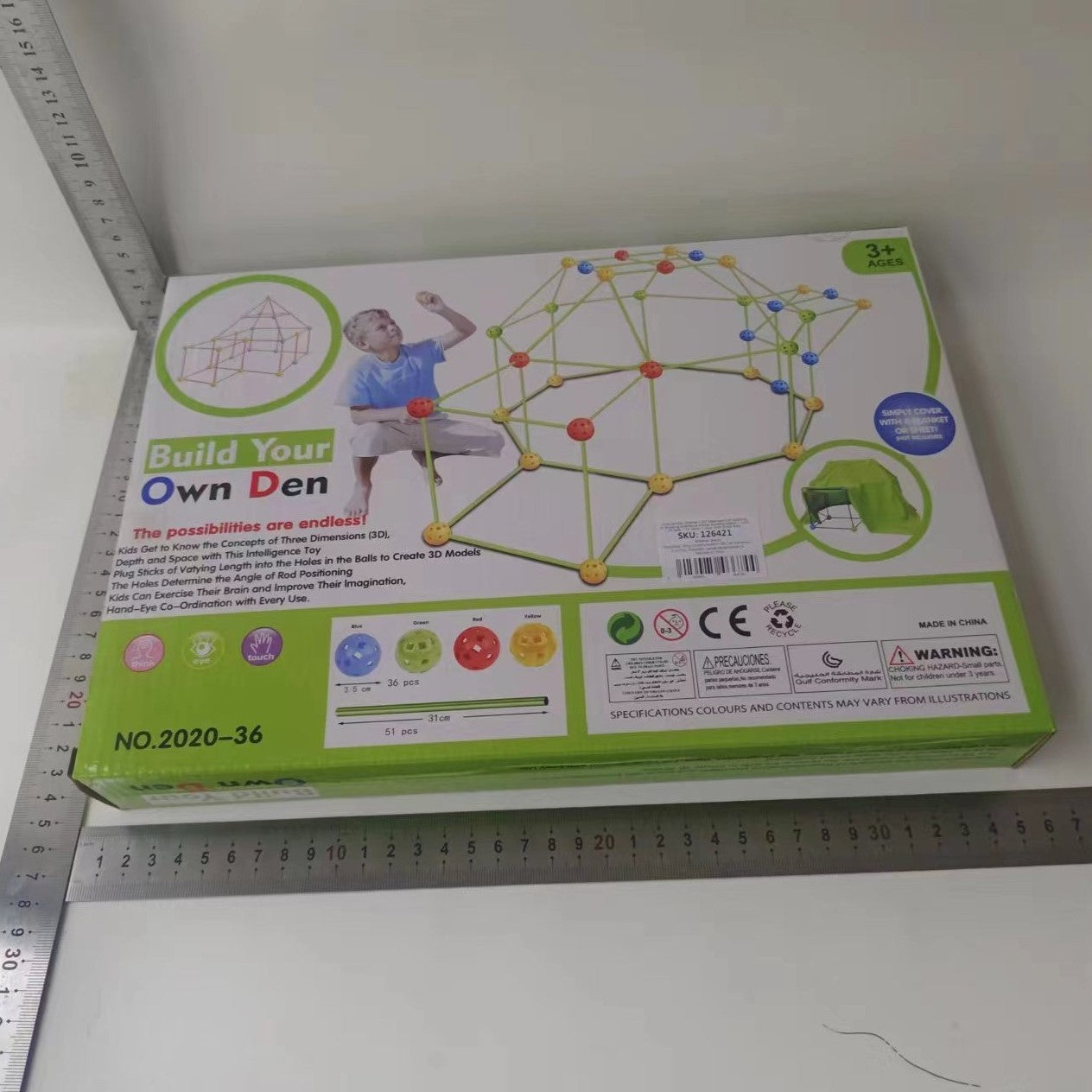 Kit de Constructie Fort 3D pentru Copii, Flippy, 560 g, 36 Sfere, 51 Tije, Panza Verde Impermeabil, 3 ani, Educativ,