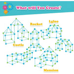 Kit de Constructie Fort 3D pentru Copii, Flippy, 560 g, 36 Sfere, 51 Tije, Panza Verde Impermeabil, 3 ani, Educativ,