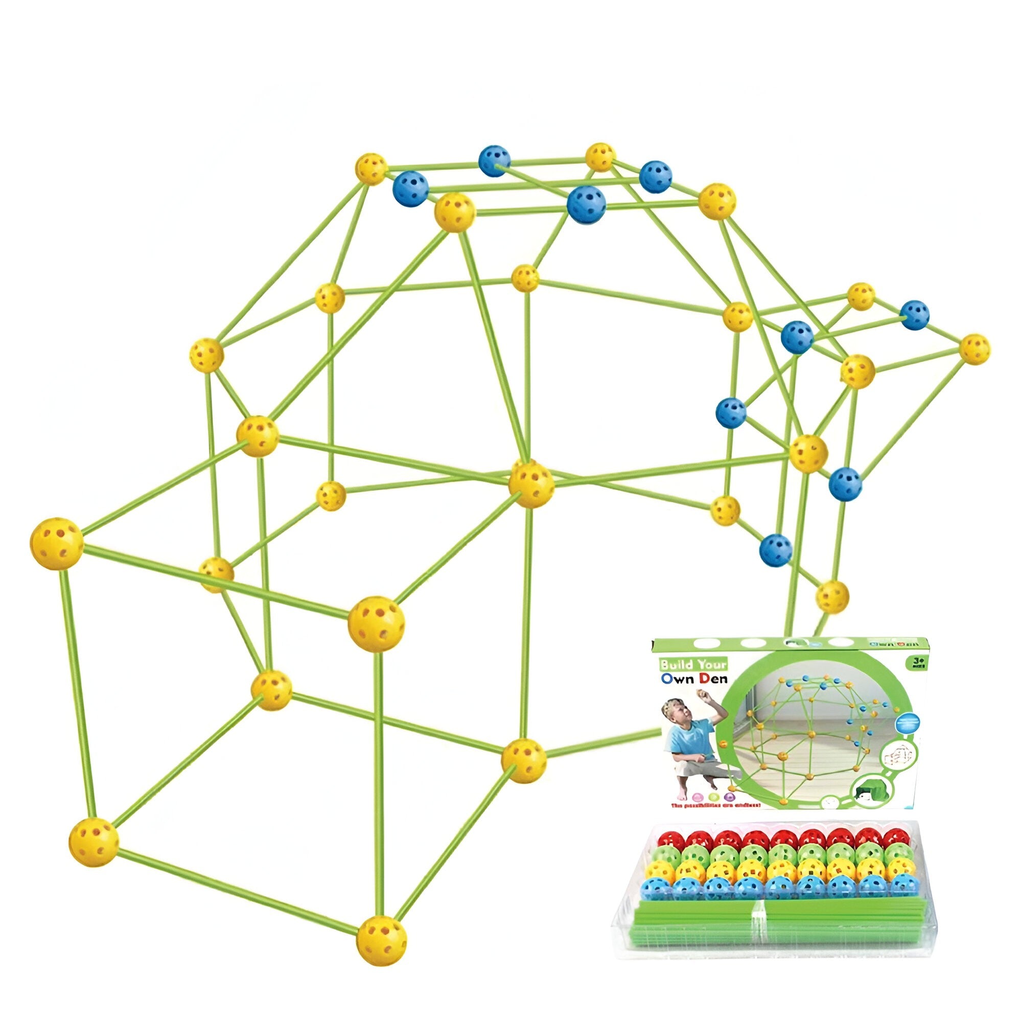 Kit de Constructie Fort 3D pentru Copii, Flippy, 560 g, 36 Sfere, 51 Tije, Panza Verde Impermeabil, 3 ani, Educativ,