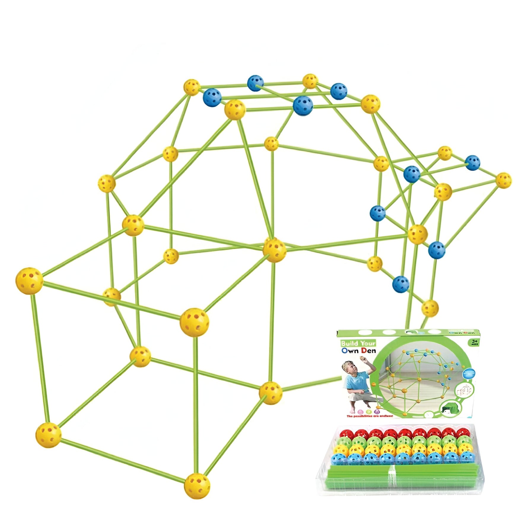 Kit de Constructie Fort 3D pentru Copii, Flippy, 560 g, 36 Sfere, 51 Tije, Panza Verde Impermeabil, 3 ani, Educativ,