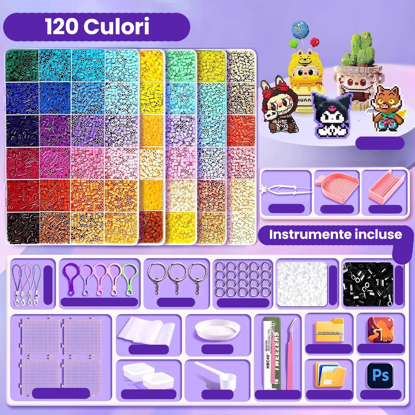 Kit de Margele Perle, Flippy, Set DIY 3D din 120 de Culori, 10000 de piese, Instrumente pentru Margele Incluse, 2.6 mm