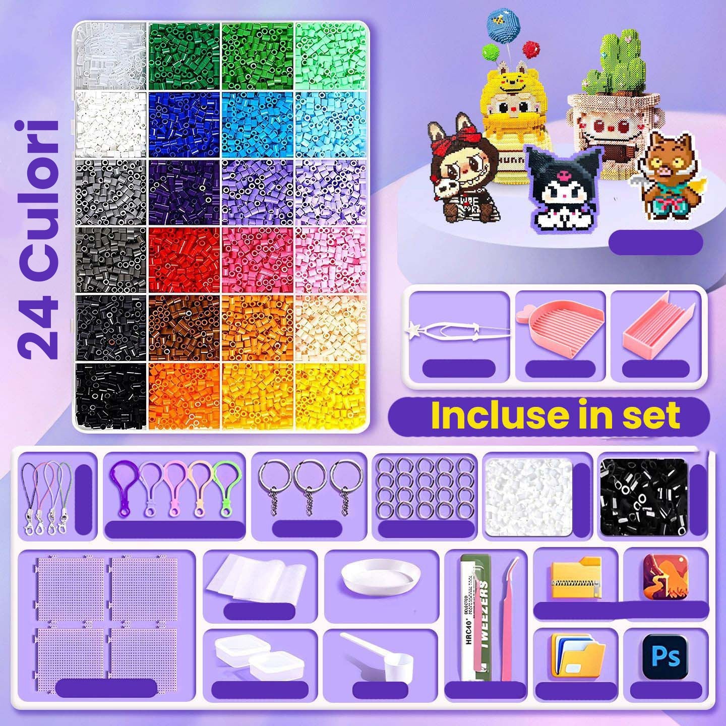 Kit de Margele Perle, Flippy, Set DIY 3D din 24 de Culori, 2000 de piese, Instrumente pentru Margele Incluse, 2.6 mm in