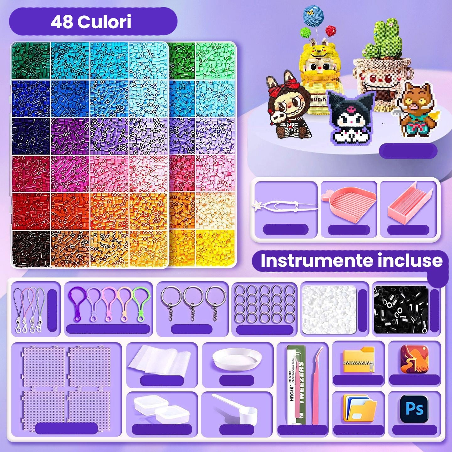 Kit de Margele Perle, Flippy, Set DIY 3D din 48 de Culori, 4000 de piese, Instrumente pentru Margele Incluse, 2.6 mm in