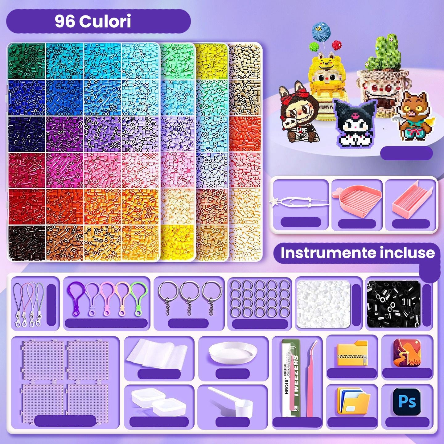Kit de Margele Perle, Flippy, Set DIY 3D din 96 de Culori, 8000 de piese, Instrumente pentru Margele Incluse, 2.6 mm in