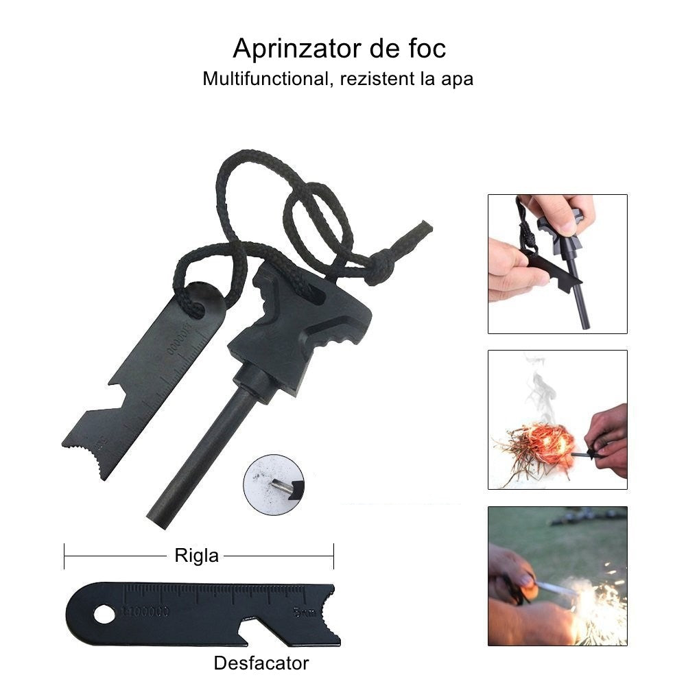 Kit supravietuire multifuncional Flippy, 42 de Instrumente Profesionale, Echipament de prim-ajutor, Drumetie, Camping,