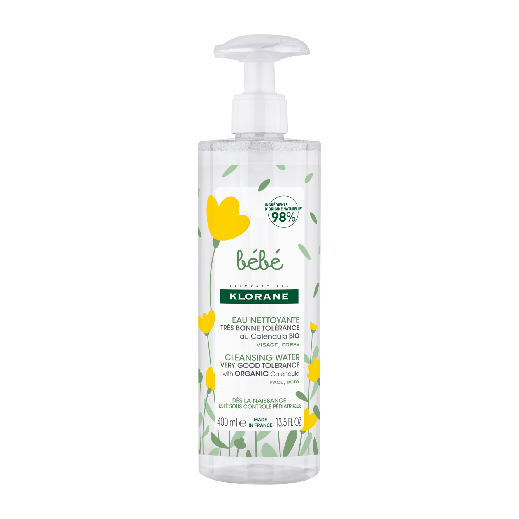 Klorane, Baby, Curățare blândă, Apă de curățare, Pentru față și corp, 400 ml