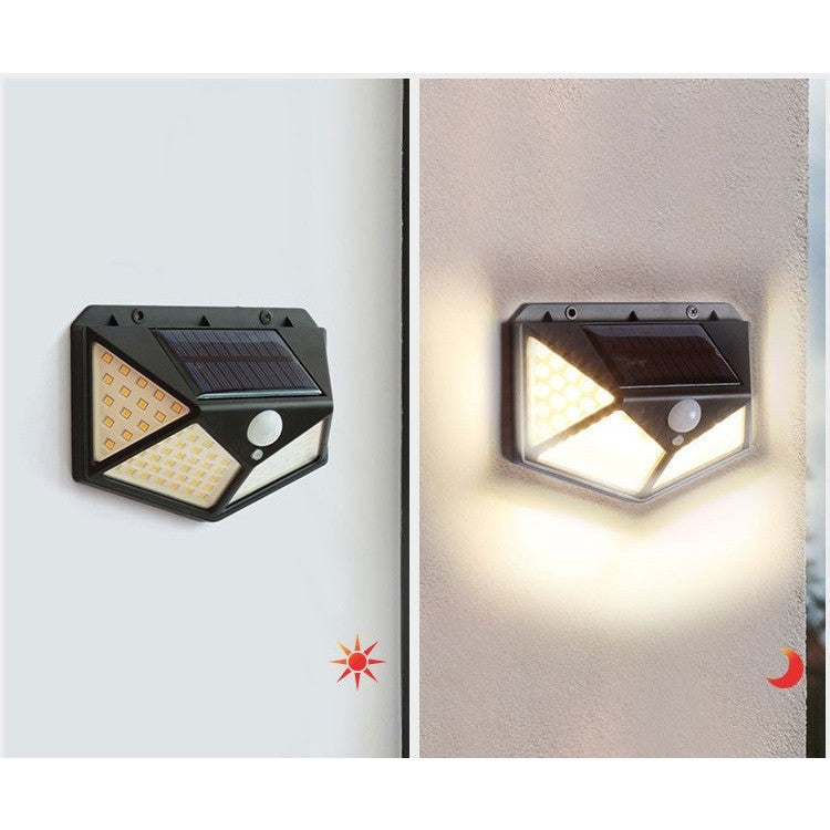 Lampa cu incarcare solara pentru exterior, 100 LED cu distanta de inductie, montaj pe perete, fara cabluri, cu 4 fete,