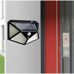 Lampa cu incarcare solara pentru exterior, 100 LED cu distanta de inductie, montaj pe perete, fara cabluri, cu 4 fete,