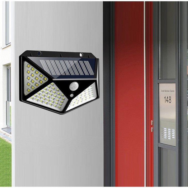 Lampa cu incarcare solara pentru exterior, 100 LED cu distanta de inductie, montaj pe perete, fara cabluri, cu 4 fete,