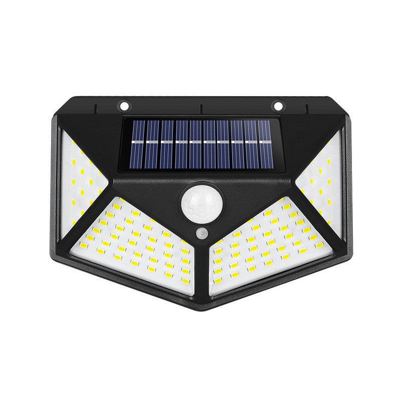 Lampa cu incarcare solara pentru exterior, 100 LED cu distanta de inductie, montaj pe perete, fara cabluri, cu 4 fete,