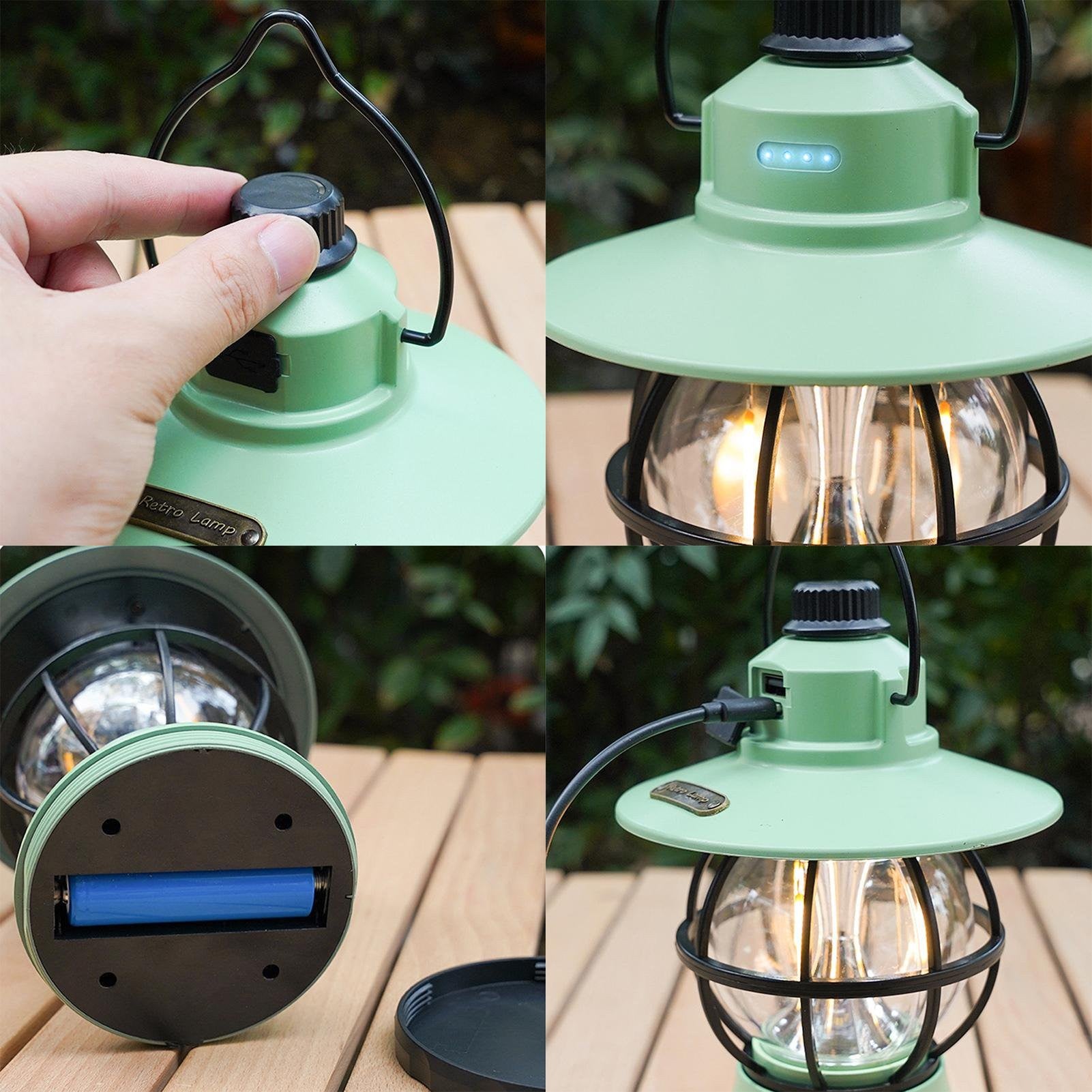 Lampă de camping retro portabilă, Felinar Vintage LED ABS, Acumulator inclus 1200 mAh, reincarcabila, 3 moduri de