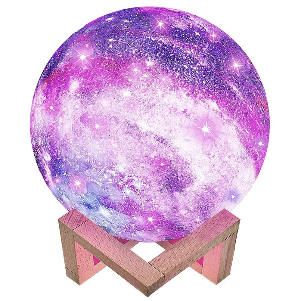 Lampa de veghe in forma de luna cu stele 3D Moon Light 7 culori, alimentare baterii, stand din lemn inclus, 15 cm,